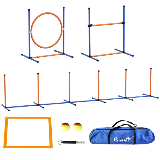 4 Pieces Dog Agility Training Equipment Dog Obstacle Course, Pet Outdoor Games with Weave Poles, Adjustable Hurdle, Jump Ring, Pause Box, Whistle, Balls, Carry Bag, Orange