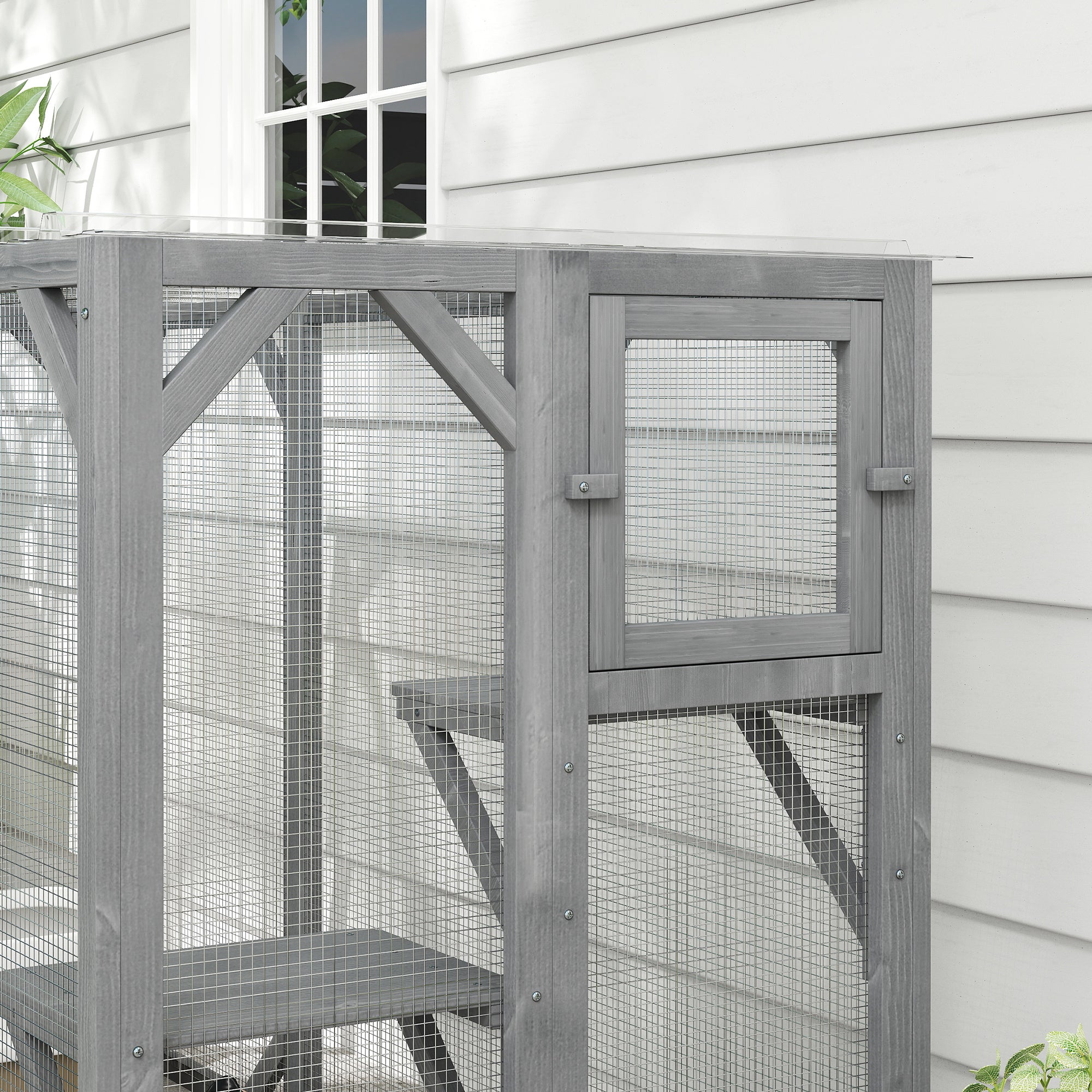 Wooden Cat House, 71" Catio Outdoor Cat Enclosure with Three Platforms, Large Door and Weather-Resistant Roof, for Multiple Cats, Grey