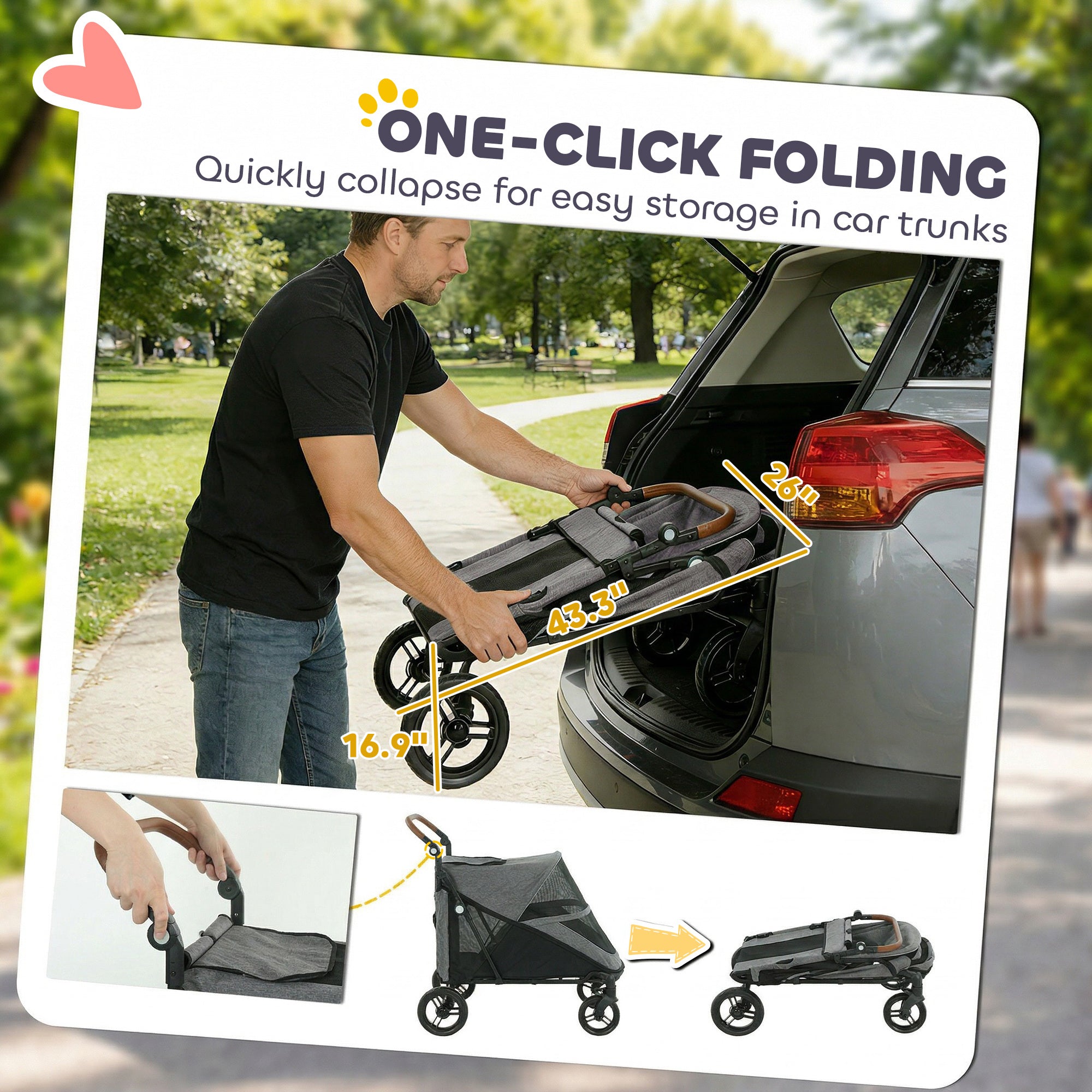 Dog Stroller for Large Dogs, One-Click Folding 4 Wheel Large Pet Stroller Wagon for Multiple Pets, All Terrain Spring Suspension w/ 8-Position Adjustable Handle, Mesh Window, Up to 88 LBS, Gray
