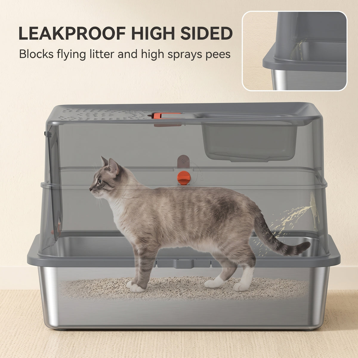 Stainless Steel Cat Litter Tray with Lid, XL 90L Enclosed Cat Litter Box with Step, Scoop, High Side, Front and Top Dual Entry, Easy to Clean, 60 x 40 x 40 cm, Dark Grey