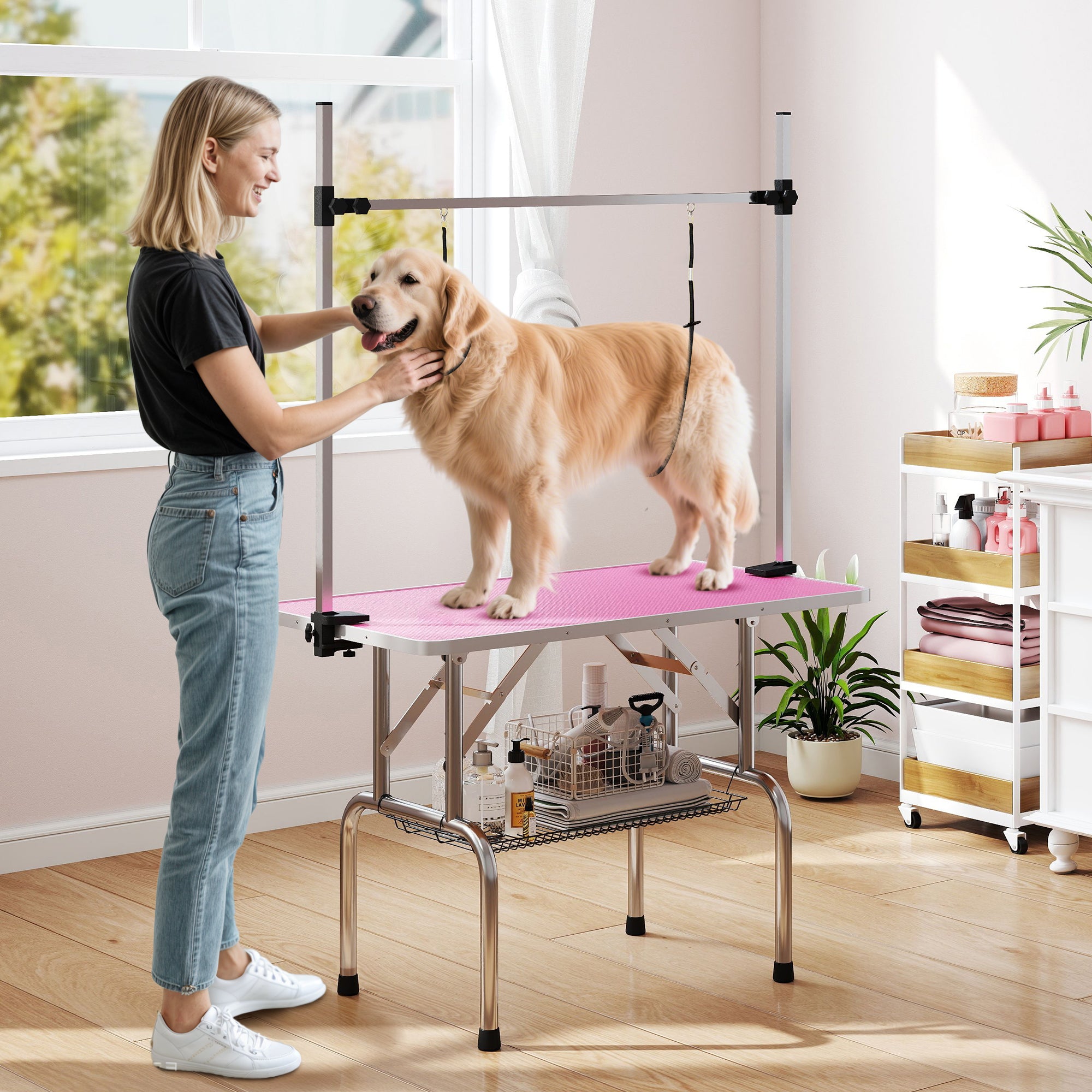 43"L Dog Grooming Table, Pet Foldable Grooming Table with 8"- 32" Adjustable Arm, Two Nooses, Mesh Tray and Rubber Top for Large Medium Small Pets, Pink