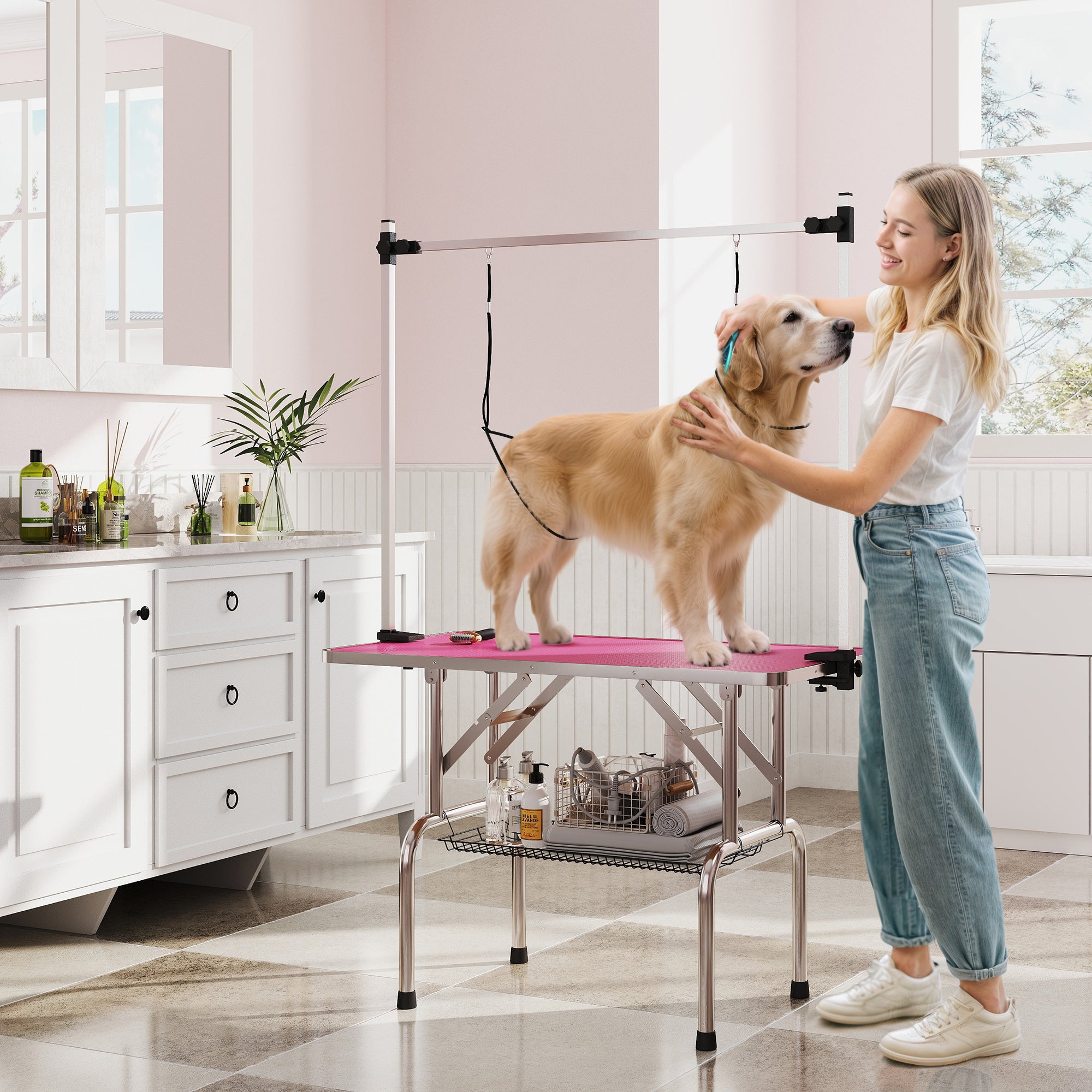 43"L Dog Grooming Table, Pet Foldable Grooming Table with 8"- 32" Adjustable Arm, Two Nooses, Mesh Tray and Rubber Top for Large Medium Small Pets, Pink