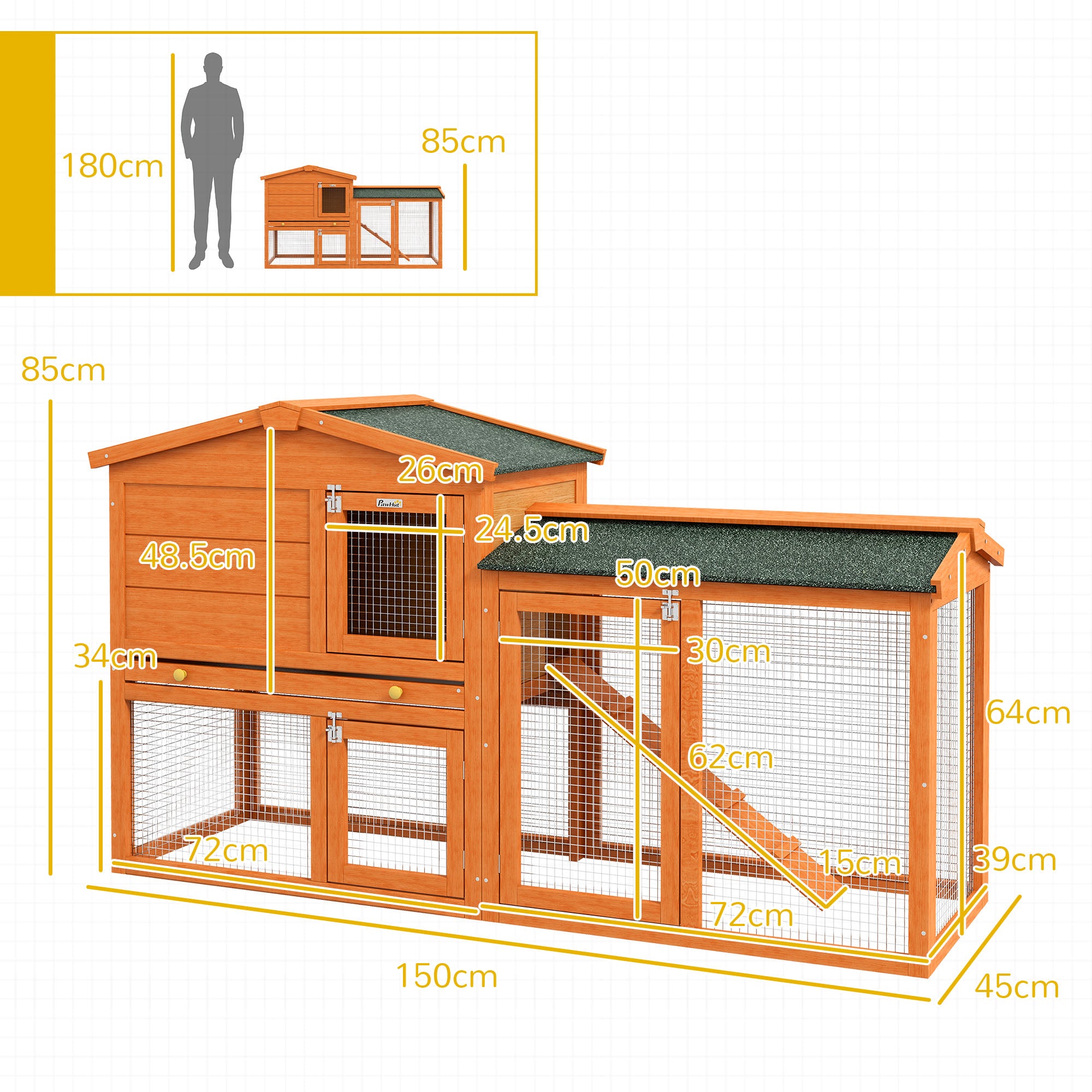 Rabbit Hutch Outdoor, 2 Tier Guinea Pig Hutch with Run, Ramp, Slide-out Tray, Asphalt Roof, 150 x 45 x 85cm
