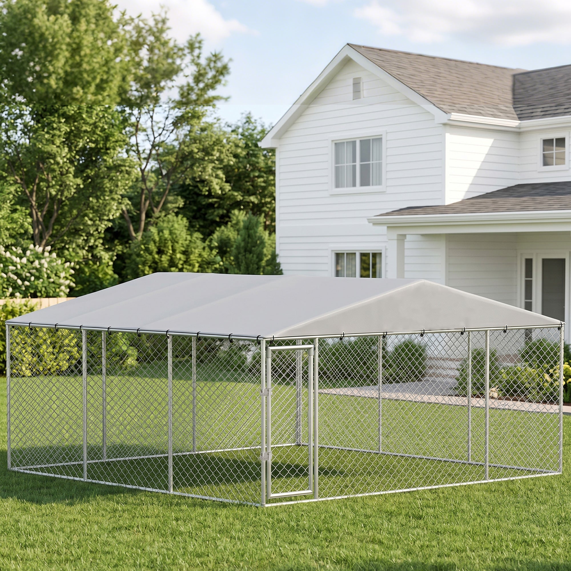 Extra Large Outdoor Dog Kennel Dog Run with Waterproof & UV Resistant Cover, Double Secure Locks, for Small and Medium Sized Dogs, 13.1' x 13.1' x 6.6', Silver