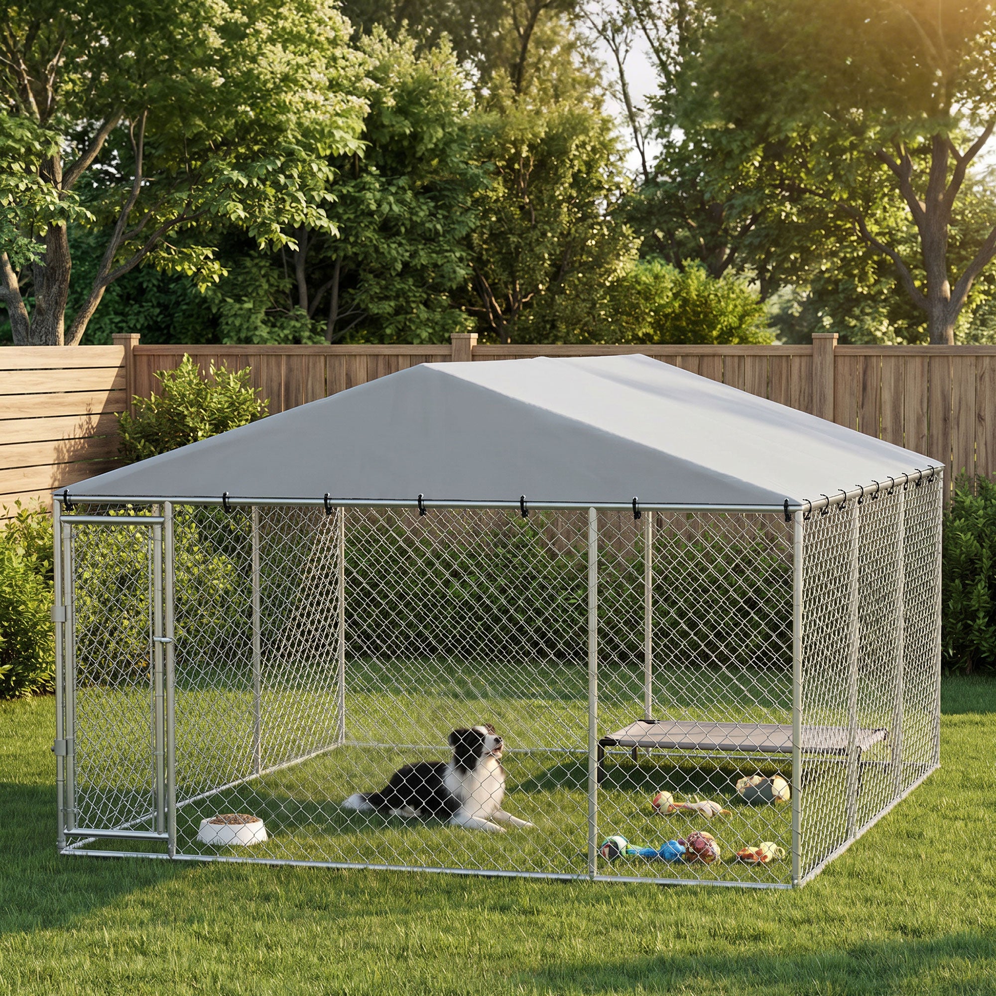 Extra Large Outdoor Dog Kennel Dog Run with Waterproof & UV Resistant Cover, Double Secure Locks, for Small and Medium Sized Dogs, 13.1' x 13.1' x 6.6', Silver