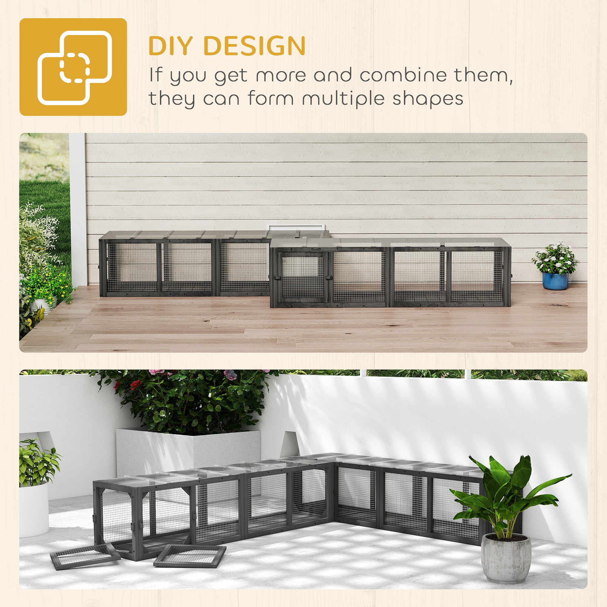 Outdoor Cat Tunnel, 60" Wooden Play Cat Enclosure, Extendable Pet Run with 3 Doors, for Indoor and Outdoor Use, for Kitty, Puppy, Grey