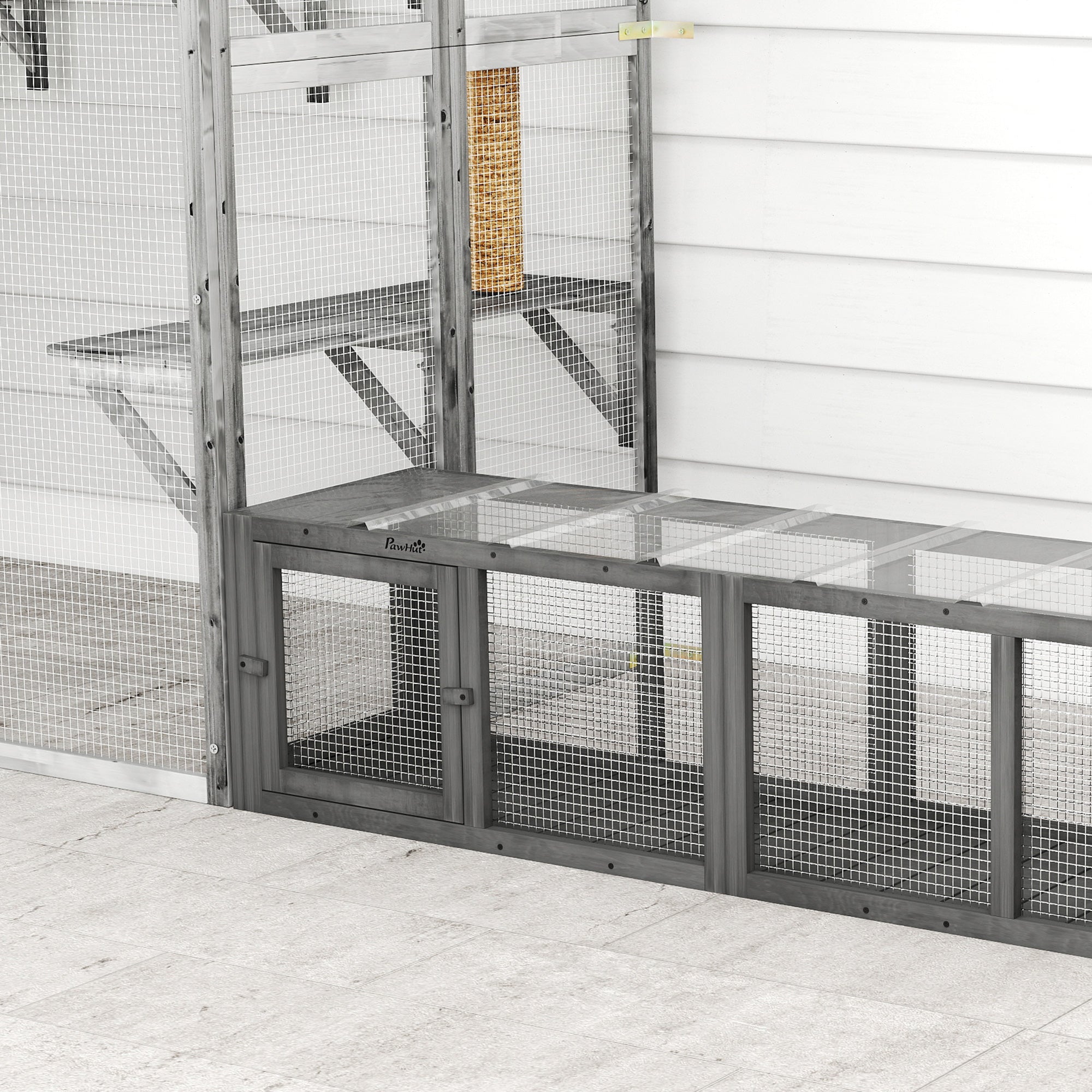 Outdoor Cat Tunnel, 60" Wooden Play Cat Enclosure, Extendable Pet Run with 3 Doors, for Indoor and Outdoor Use, for Kitty, Puppy, Grey