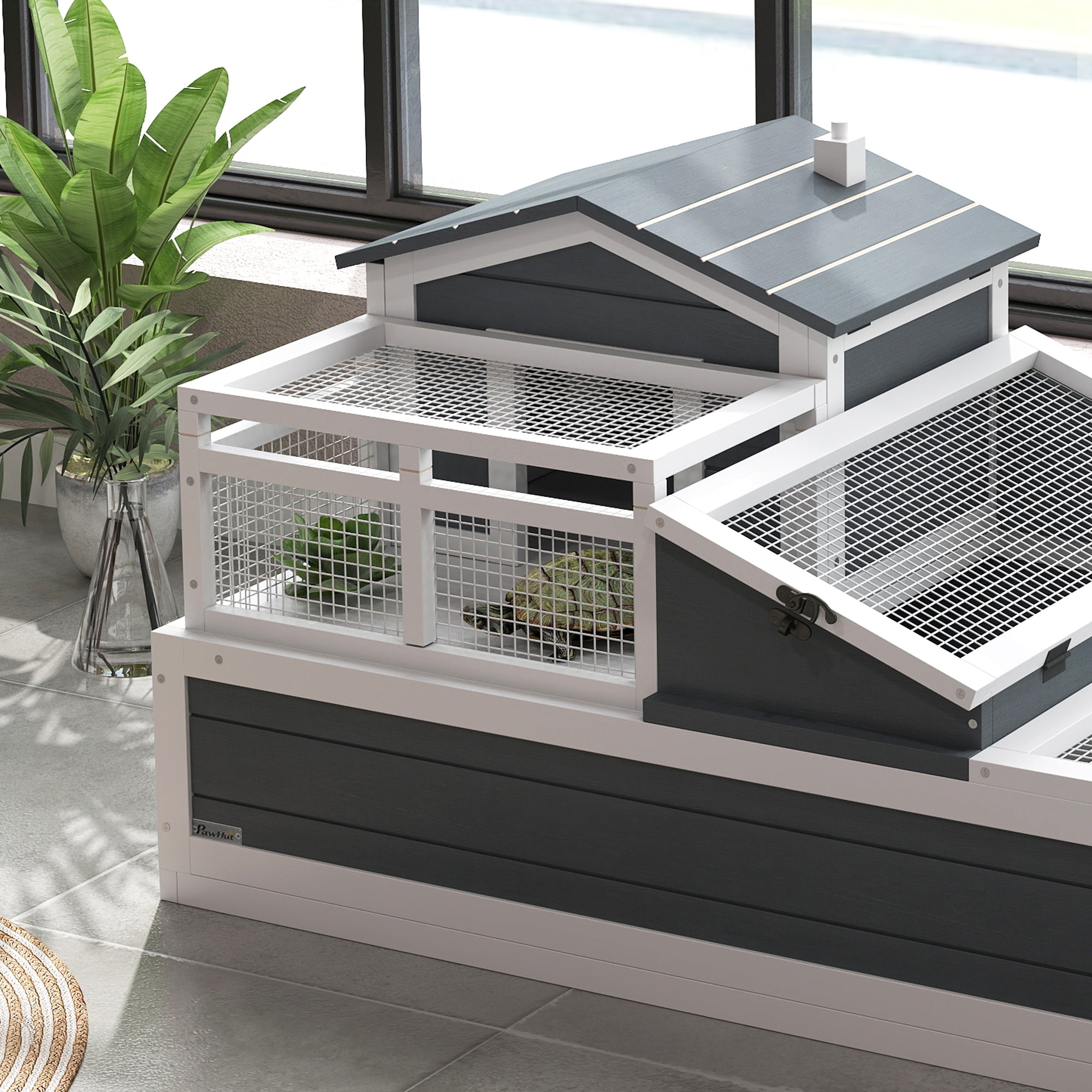 PawHut 2-Story Tortoise House with Balcony, Openable Roof & Ladder
