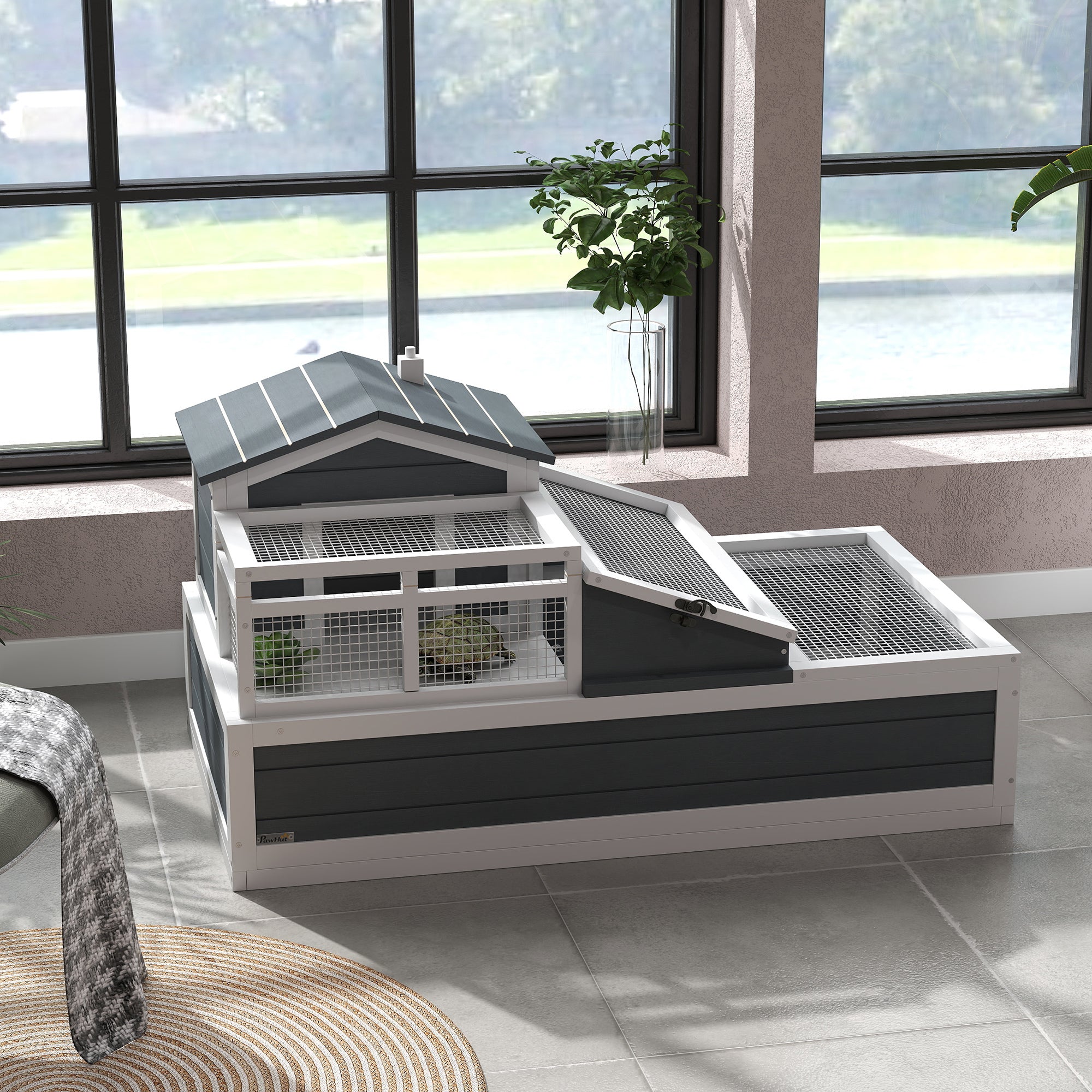 Tortoise House 3-Room Wooden Tortoise Enclosure Large Reptile Cage with 2 Stories, Ladder, Balcony, Tray, Openable Roof, 59H x 112L x 65Wcm, Grey