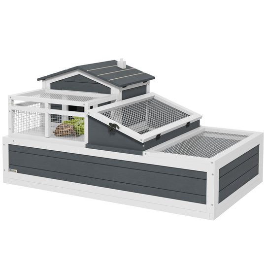 Tortoise House 3-Room Wooden Tortoise Enclosure Large Reptile Cage with 2 Stories, Ladder, Balcony, Tray, Openable Roof, 59H x 112L x 65Wcm, Grey