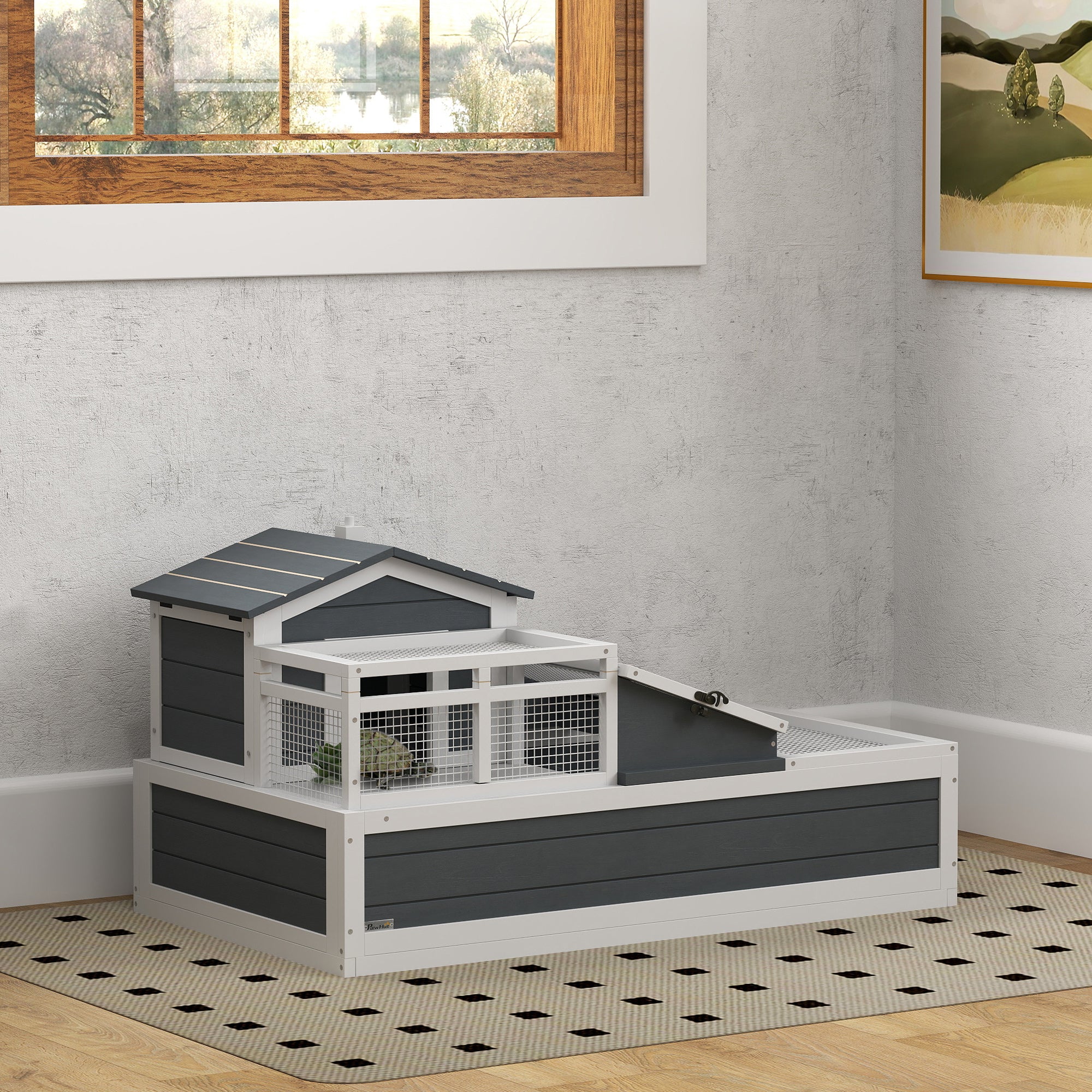 Tortoise House 3-Room Wooden Tortoise Enclosure Large Reptile Cage with 2 Stories, Ladder, Balcony, Tray, Openable Roof, 59H x 112L x 65Wcm, Grey