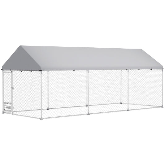 Outdoor Dog Kennel with Roof, Heavy Duty Dog Run Outdoor Fence Cage with Adjustable & Rotating Bowls, Waterproof UV-Resistant Cover, Secure Lock, 19.7' x 7.5' x 7.5'