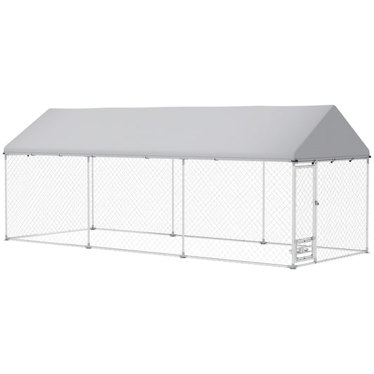Outdoor Dog Kennel with Roof, Heavy Duty Dog Run Outdoor Fence Cage with Adjustable & Rotating Bowls, Waterproof UV-Resistant Cover, Secure Lock, 19.7' x 7.5' x 7.5'