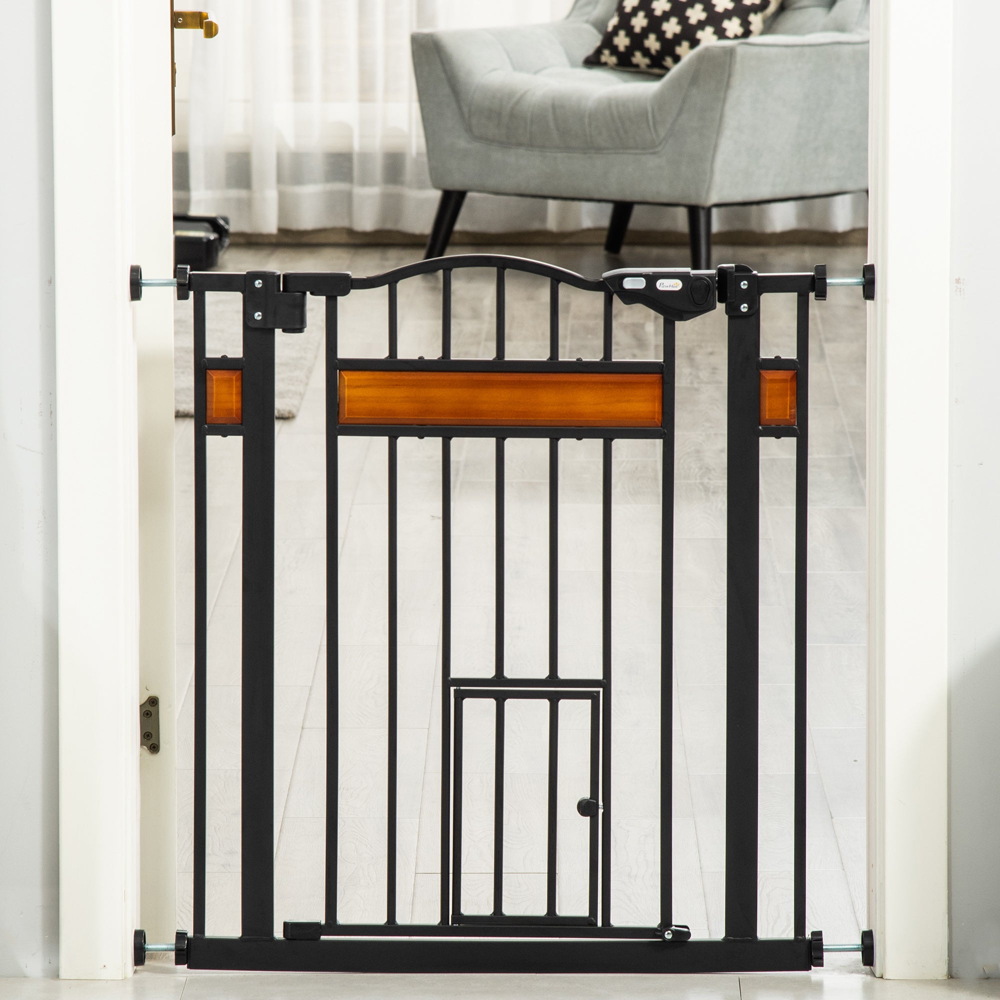 29.1''-31.5'' Extra Wide Dog Gate with Cat Door with Stair Pressure Fit, Auto Close, Double Locking, for Doorways, Hallways, Stairs, Black