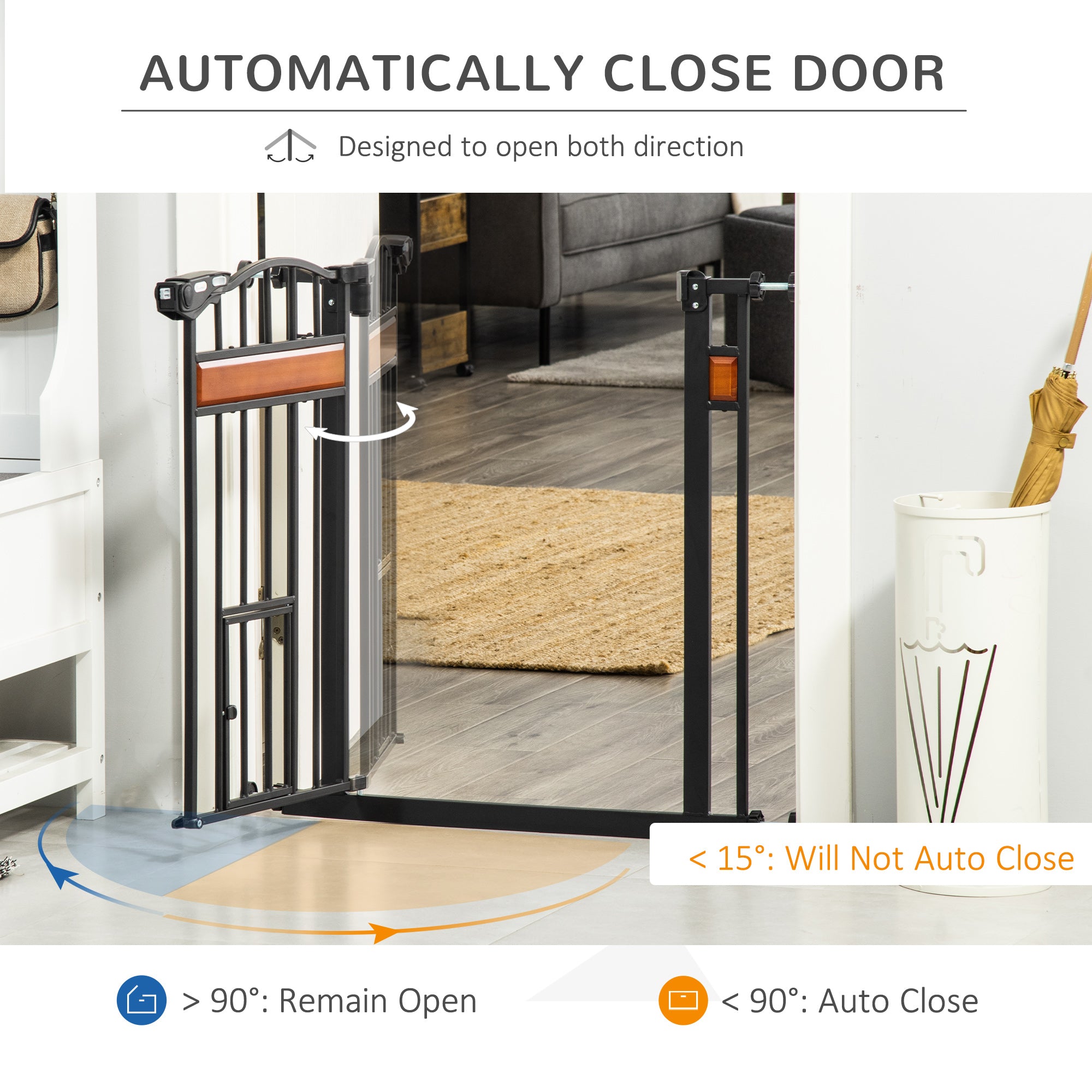 29.1''-31.5'' Extra Wide Dog Gate with Cat Door with Stair Pressure Fit, Auto Close, Double Locking, for Doorways, Hallways, Stairs, Black