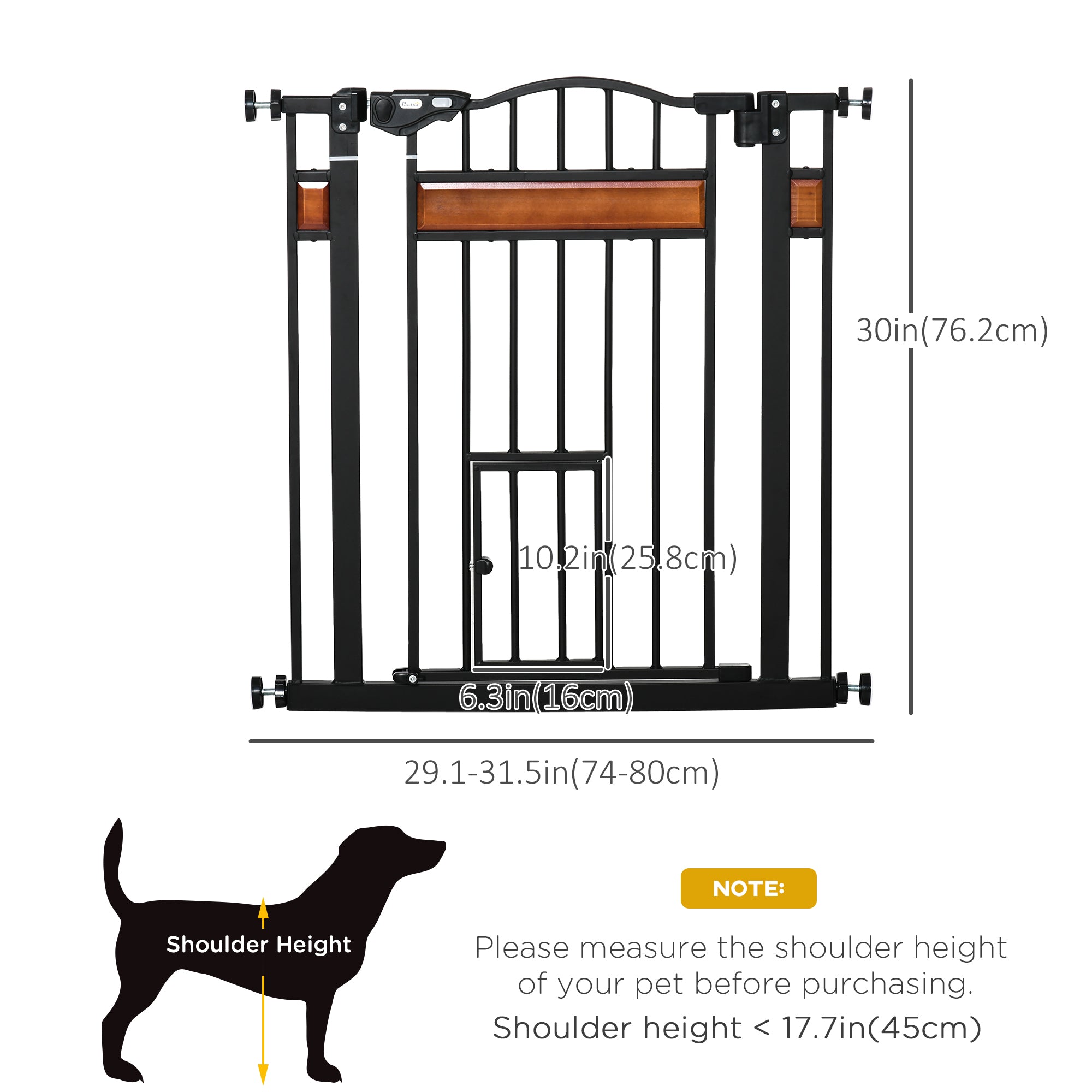29.1''-31.5'' Extra Wide Dog Gate with Cat Door with Stair Pressure Fit, Auto Close, Double Locking, for Doorways, Hallways, Stairs, Black