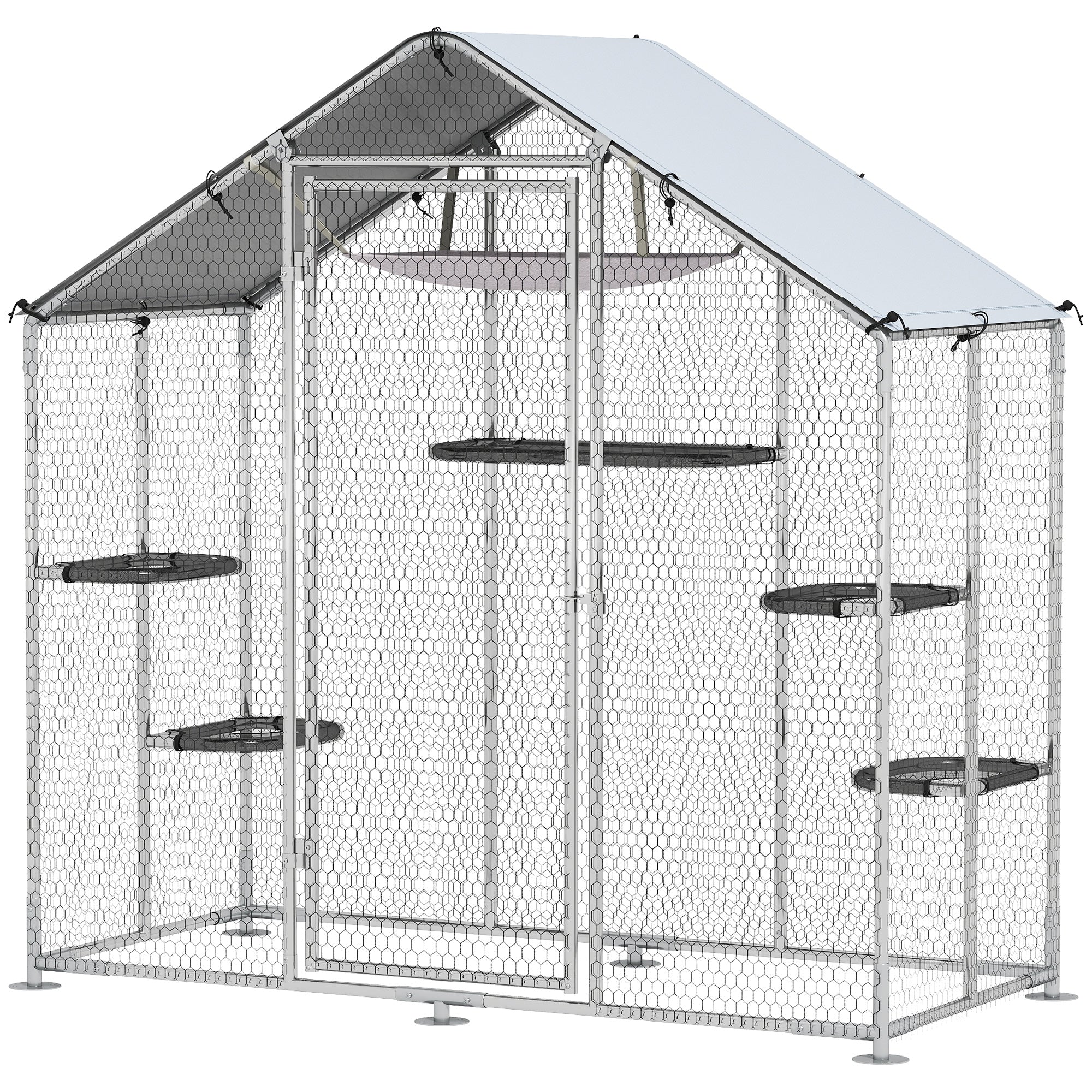 Large Catio Outdoor Cat Enclosure, Galvanized Steel Walk-in Cat Patio for Multiple Kittens, Outdoor Kitty Cage with Waterproof Cover, 5 Adjustable Platforms, Hammock, Metal Chicken Coop Run