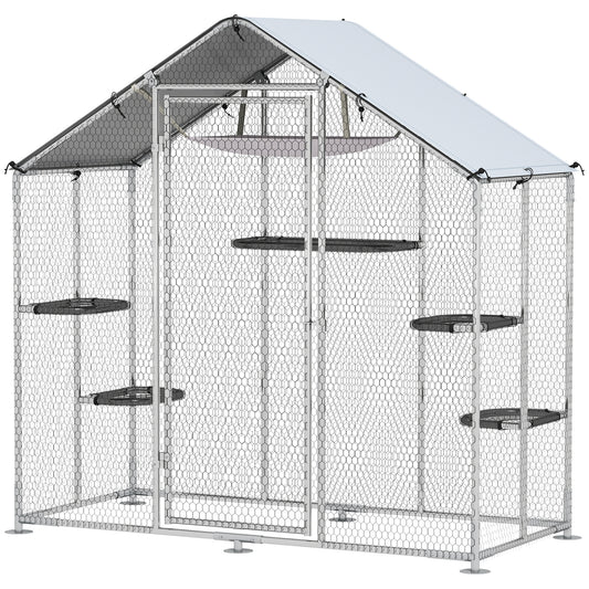 Large Catio Outdoor Cat Enclosure, Galvanized Steel Walk-in Cat Patio for Multiple Kittens, Outdoor Kitty Cage with Waterproof Cover, 5 Adjustable Platforms, Hammock, Metal Chicken Coop Run
