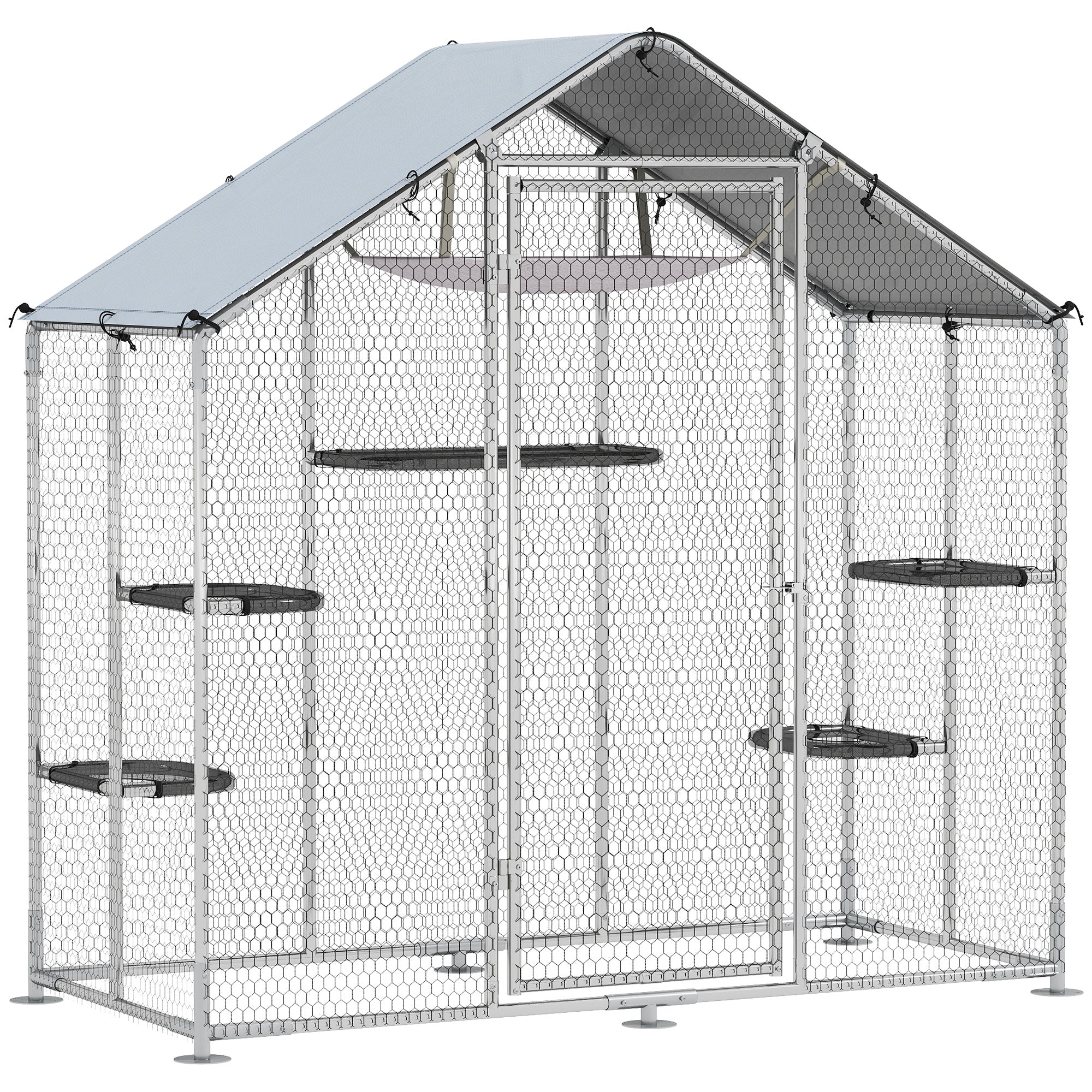 Large Catio Outdoor Cat Enclosure, Galvanized Steel Walk-in Cat Patio for Multiple Kittens, Outdoor Kitty Cage with Waterproof Cover, 5 Adjustable Platforms, Hammock, Metal Chicken Coop Run