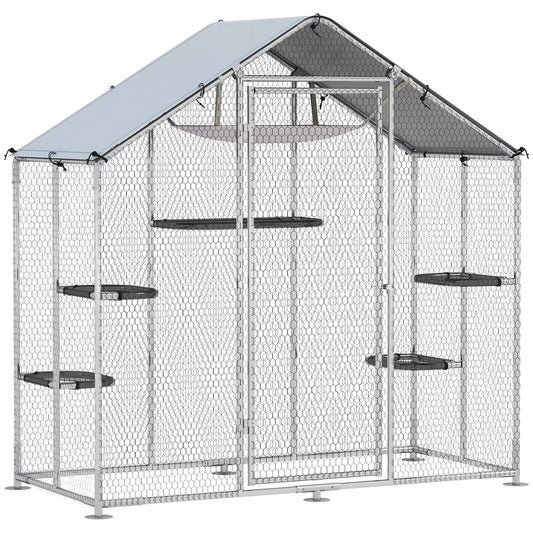 Large Catio Outdoor Cat Enclosure, Galvanized Steel Walk-in Cat Patio for Multiple Kittens, Outdoor Kitty Cage with Waterproof Cover, 5 Adjustable Platforms, Hammock, Metal Chicken Coop Run