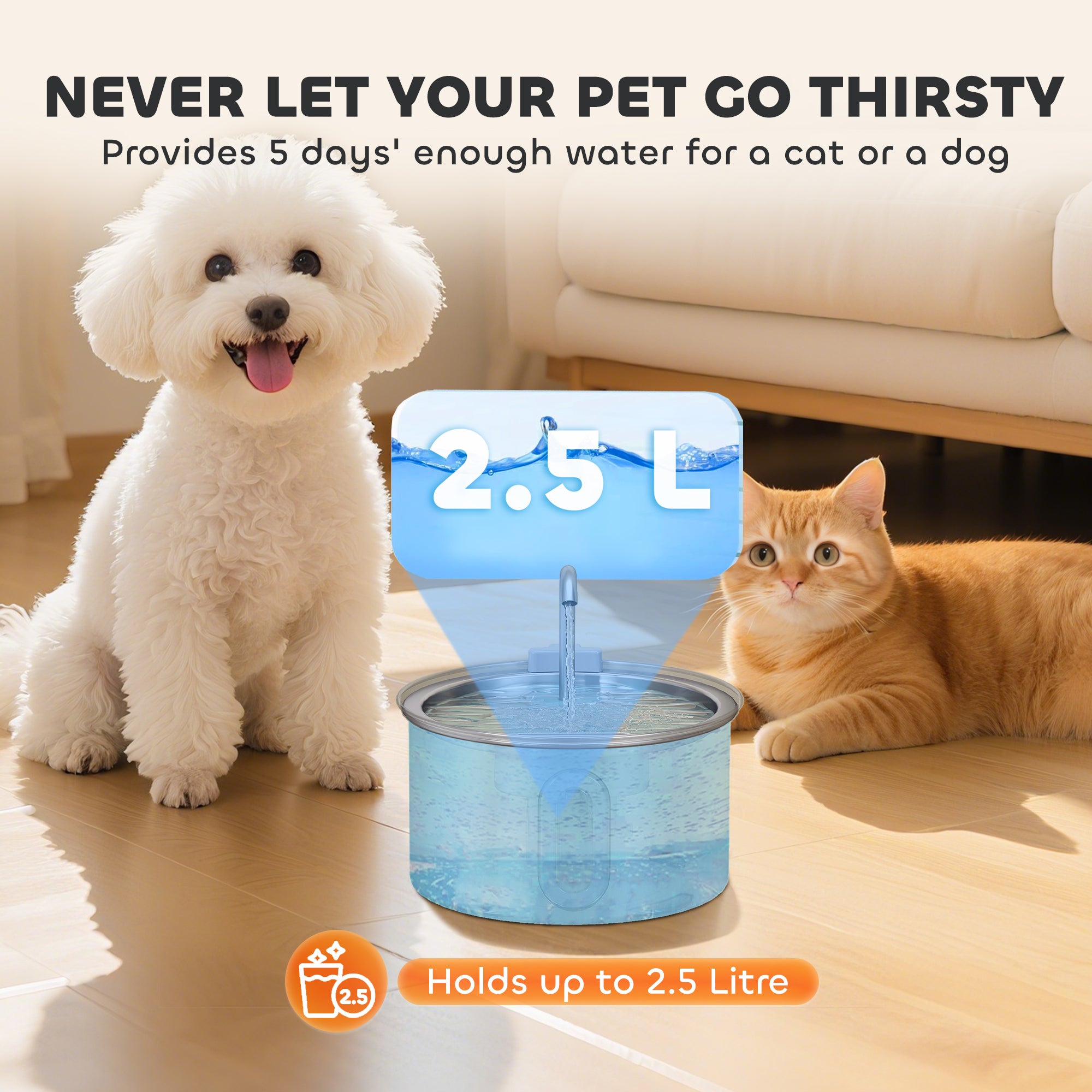 Cat Water Fountain for Drinking, 2.5L Cat Fountain Stainless Steel Automatic with Ultra-Silent Pump, Water-Level Window, 7 Filters