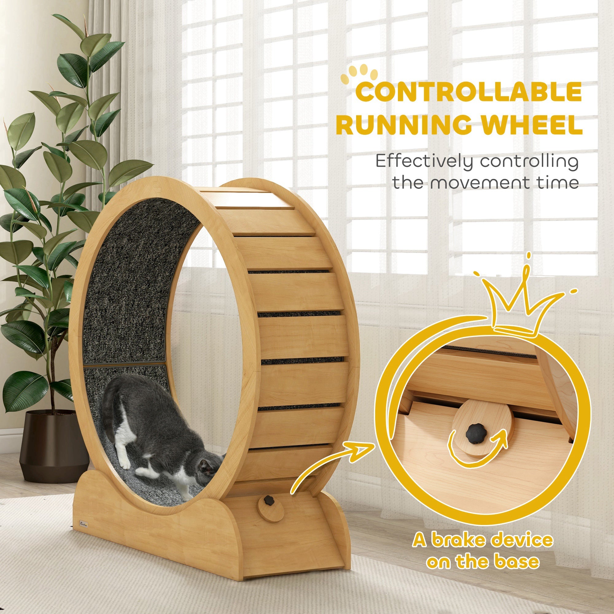 Cat Treadmill, Cat Exercise Wheel, 39.4 inch Kitten Running Wheel with Brake, Carpeted Runway for Exercise - Natural Wood Finish