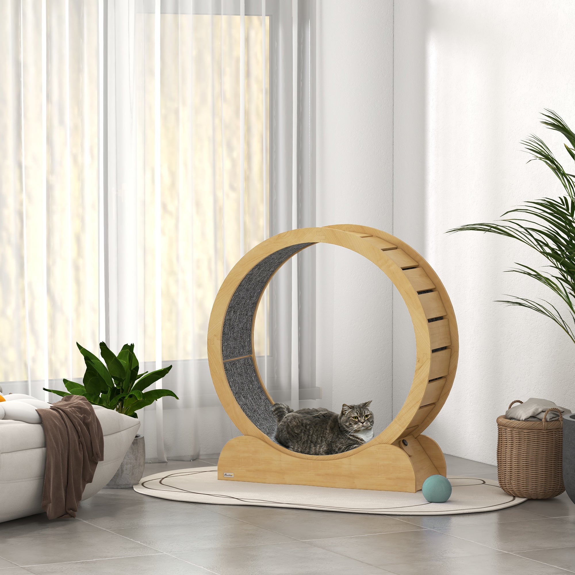 Cat Treadmill, Cat Exercise Wheel, 39.4 inch Kitten Running Wheel with Brake, Carpeted Runway for Exercise - Natural Wood Finish