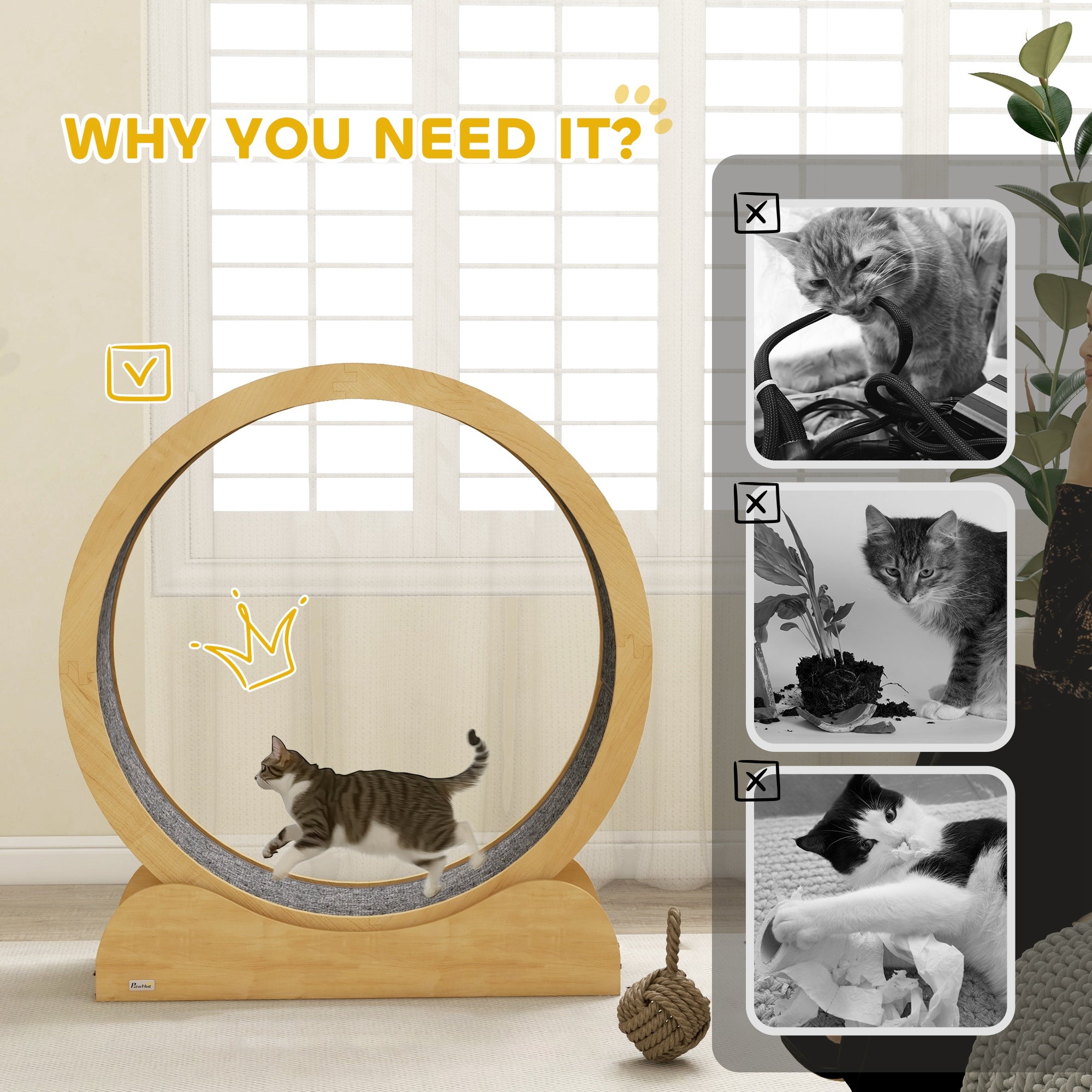 Cat Treadmill, Cat Exercise Wheel, 39.4 inch Kitten Running Wheel with Brake, Carpeted Runway for Exercise - Natural Wood Finish
