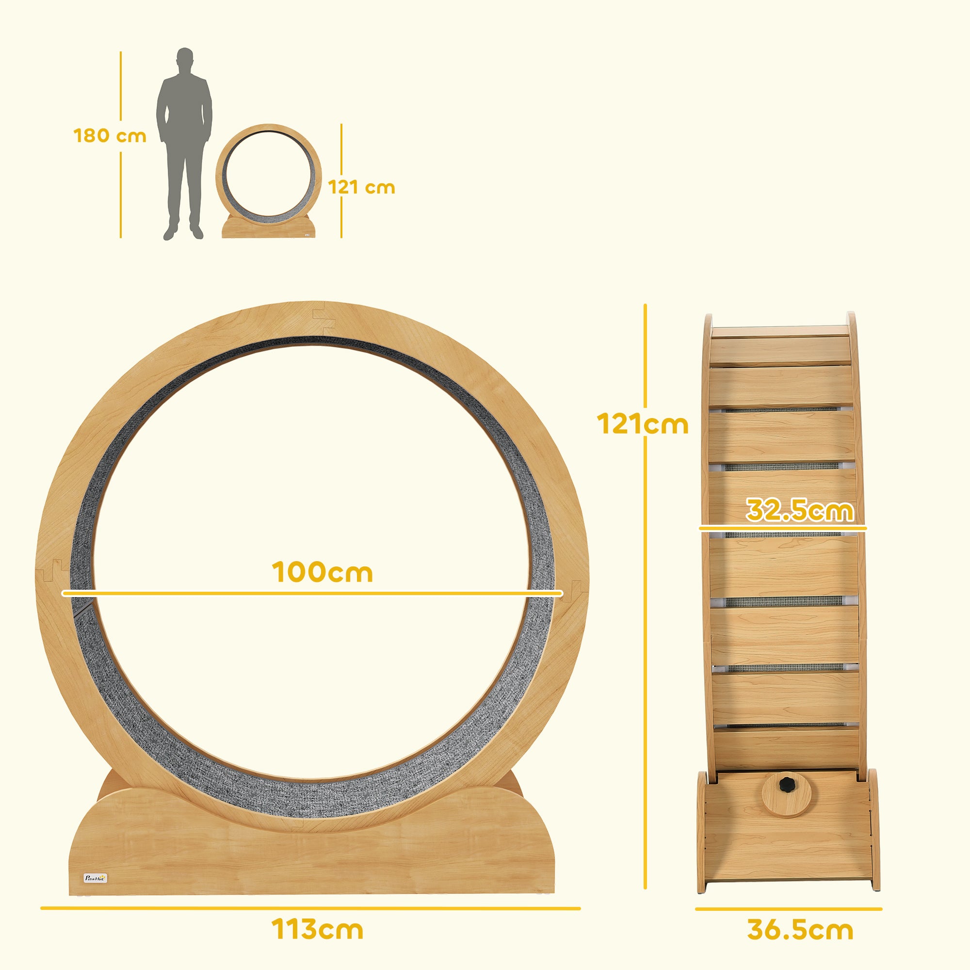 Cat Treadmill, Cat Exercise Wheel, 39.4 inch Kitten Running Wheel with Brake, Carpeted Runway for Exercise - Natural Wood Finish