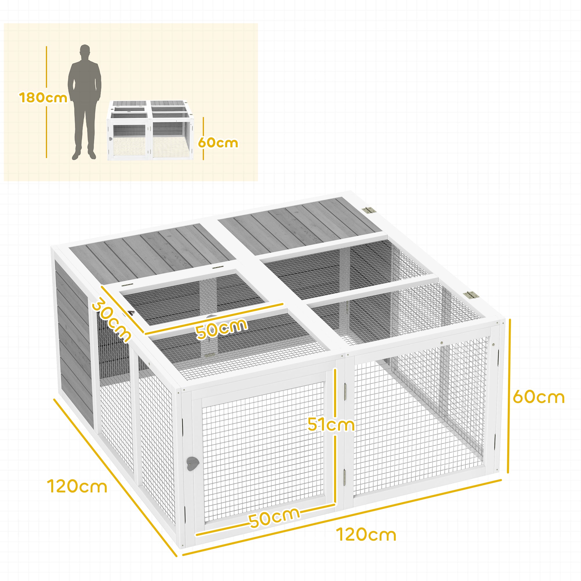 48 Inch Rabbit Hutch Rabbit Run Small Animal Guinea Pig House Bunny Cage Hideaway Outdoor with Openable Roof Grey