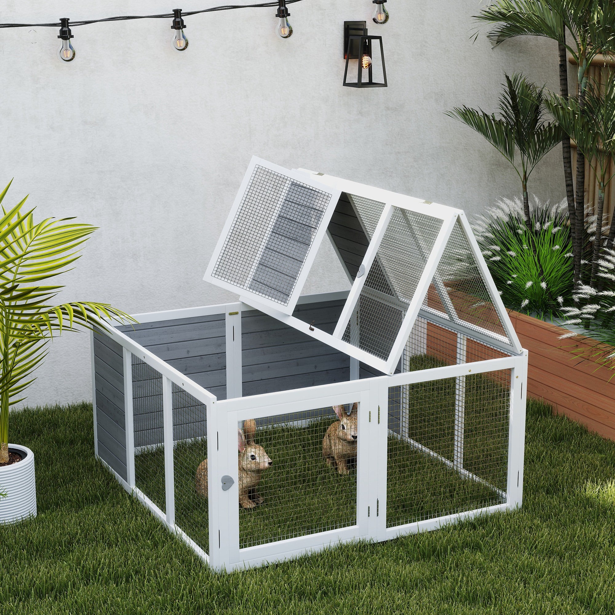 48 Inch Rabbit Hutch Rabbit Run Small Animal Guinea Pig House Bunny Cage Hideaway Outdoor with Openable Roof Grey