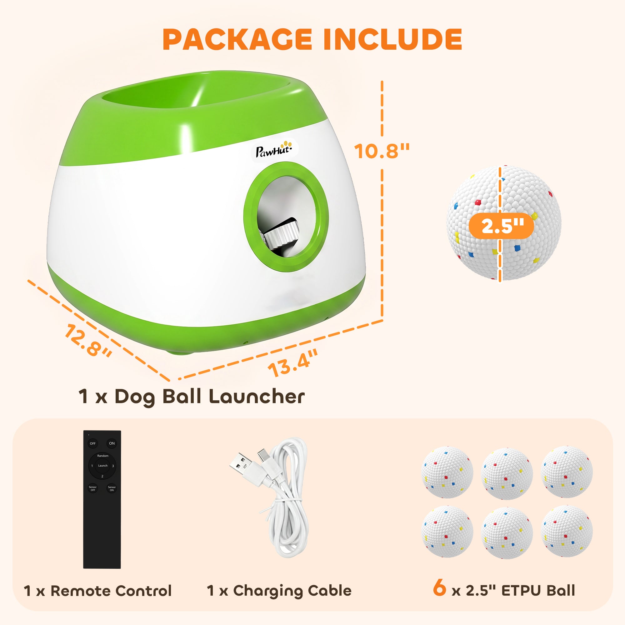 Automatic Dog Ball Launcher, Rechargeable Dog Ball Thrower with Remote Control, 3 Adjustable Distance (39ft/59ft/78ft), 6 ETPU Tennis Fetch Toys 2.5", for Medium Large Breeds, Green