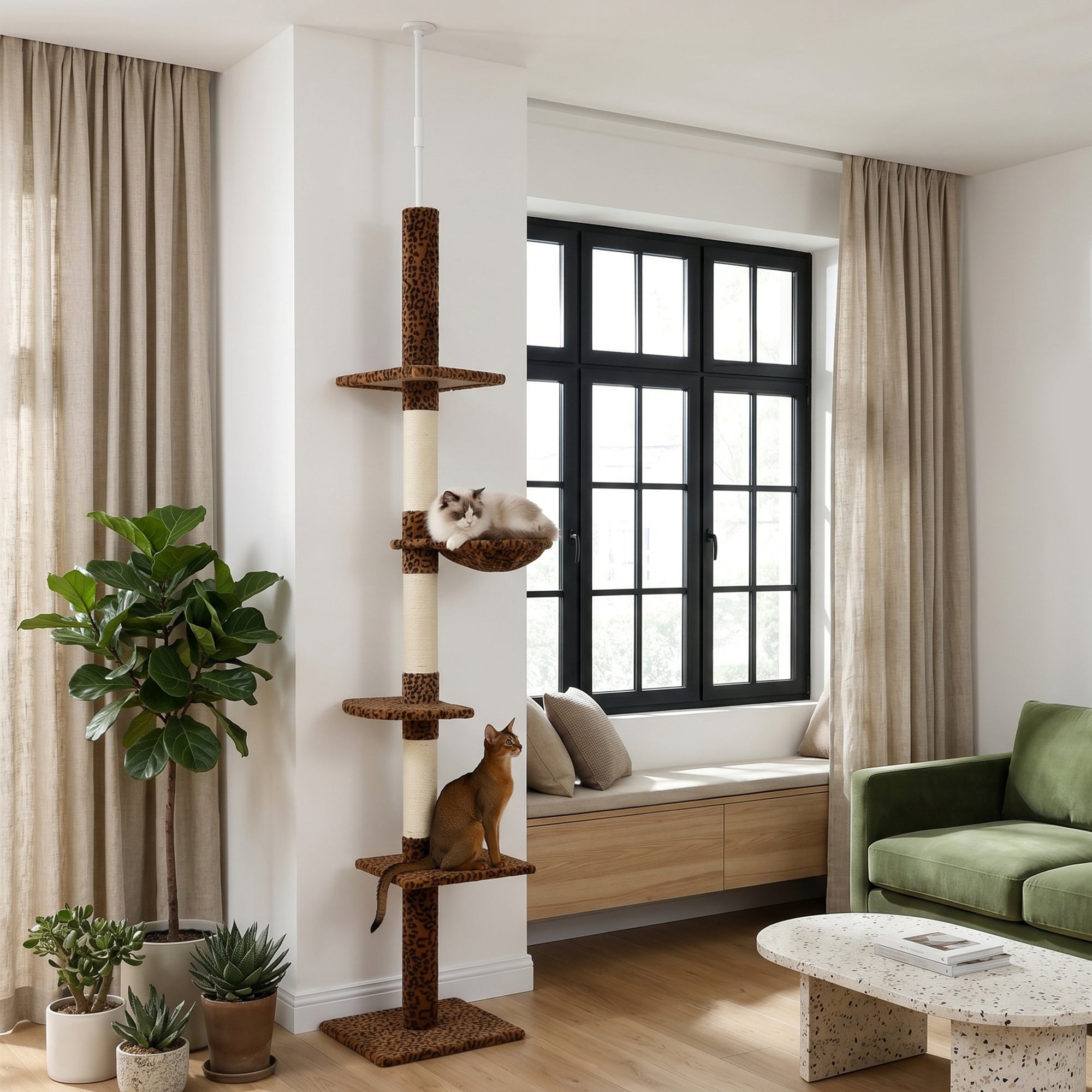 91"-102" Cat Tree, 5-Tier Floor-to-Ceiling Cat Tower Kitty Activity Center w/ Scratching Post, Cozy Hammock Play Rest Post Pet Furniture for Jumping Climbing, Leopard Print