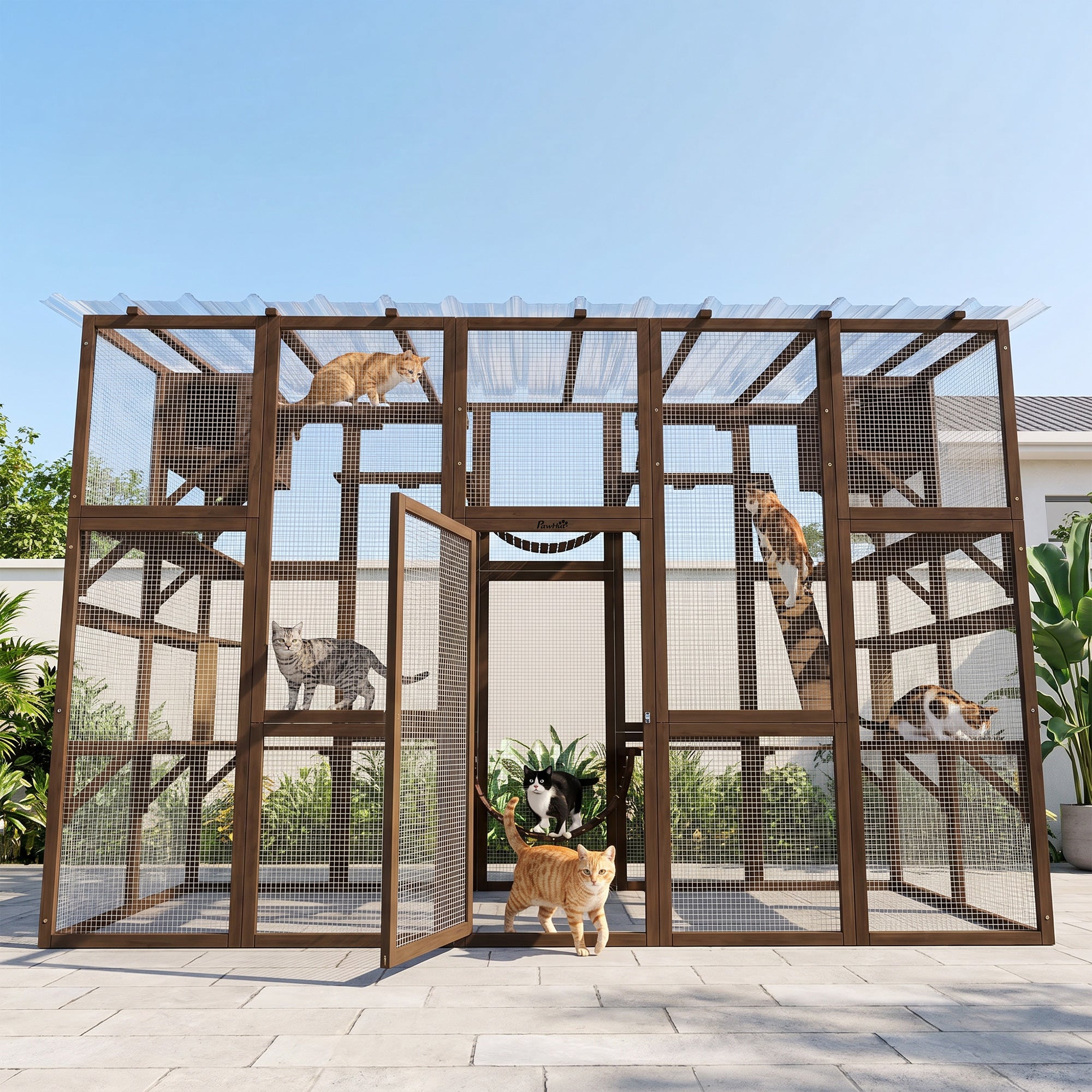 Catio Outdoor Cat Enclosure Window, Outdoor Cat House with Weather Protection Roof for 1-4 Kitties, Wooden Frame, Shelves & Bridges, 118" x 37.5" x 74", Coffee Brown