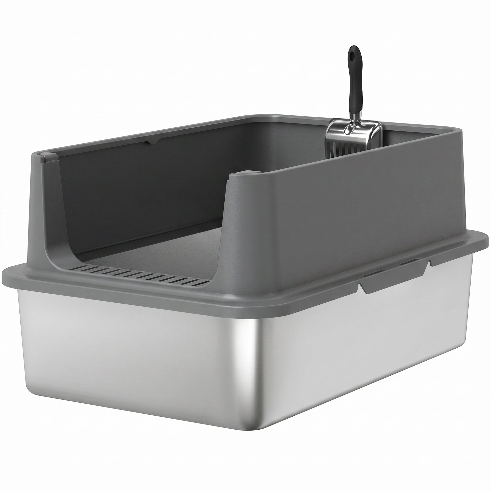Stainless Steel Cat Litter Box, XL Extra Large Metal Litter Box Pan Tray for Big Cats, High Sided, Anti-Urine Leakage, Easy Cleaning, Non-Sticky, Absorbs Odors, Include Scoop & Pad, Dark Gray