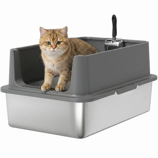 Stainless Steel Cat Litter Box, XL Extra Large Metal Litter Box Pan Tray for Big Cats, High Sided, Anti-Urine Leakage, Easy Cleaning, Non-Sticky, Absorbs Odors, Include Scoop & Pad, Dark Gray