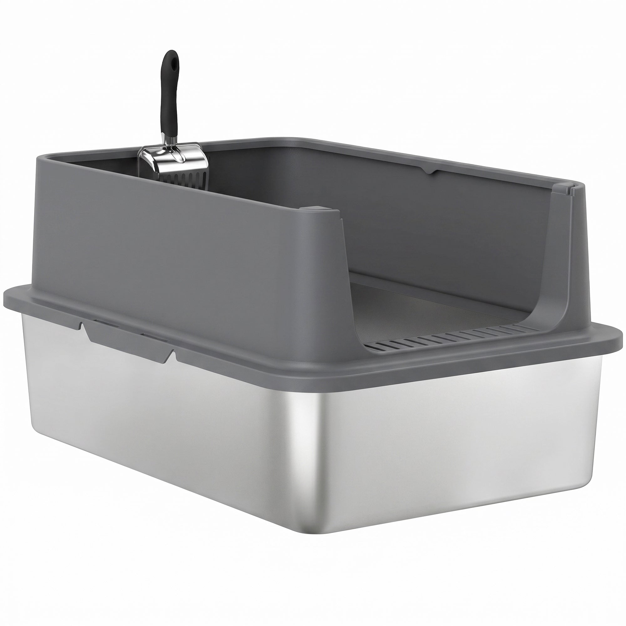 Stainless Steel Cat Litter Box, XL Extra Large Metal Litter Box Pan Tray for Big Cats, High Sided, Anti-Urine Leakage, Easy Cleaning, Non-Sticky, Absorbs Odors, Include Scoop & Pad, Dark Gray