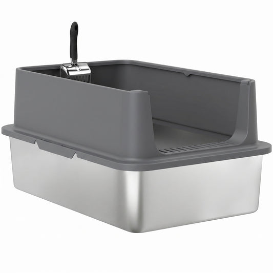 Stainless Steel Cat Litter Box, XL Extra Large Metal Litter Box Pan Tray for Big Cats, High Sided, Anti-Urine Leakage, Easy Cleaning, Non-Sticky, Absorbs Odors, Include Scoop & Pad, Dark Gray