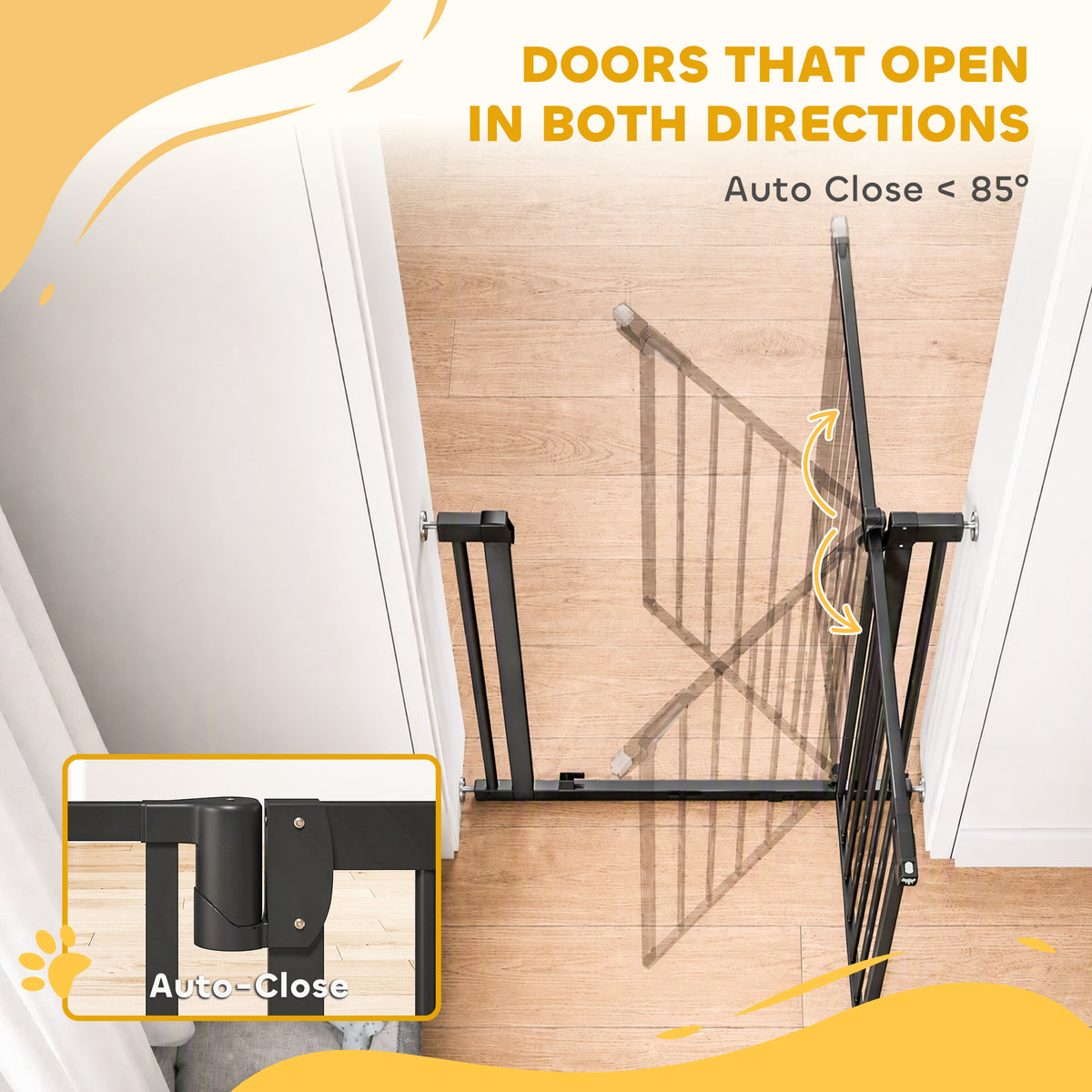 30"-32" Baby Gate, 36"H Pet Gate with Auto-Close, Two-Way Open, Pressure Mounted for Stairs, Doorways and Hallways, Black
