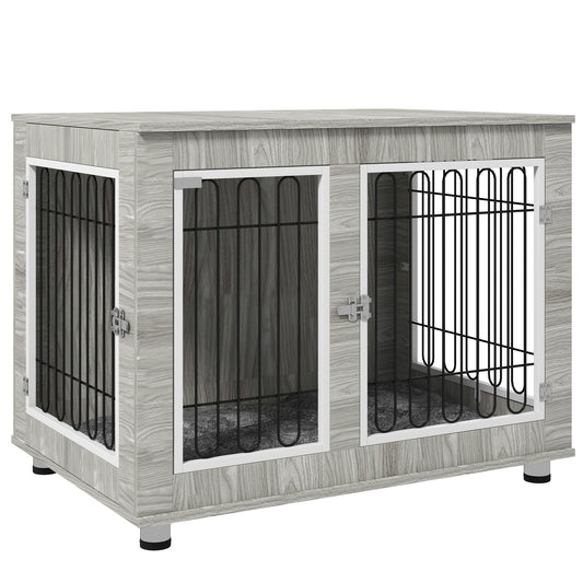 Dog Crate Furniture, Side End Table, Indoor Dog Kennel with Soft Washable Cushion, Wire Mesh, Large Top, for Large Dogs, 106 x 74 x 81.5, Grey