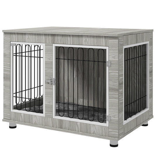 Dog Crate Furniture, Side End Table, Indoor Dog Kennel with Soft Washable Cushion, Wire Mesh, Large Top, for Large Dogs, 106 x 74 x 81.5, Grey