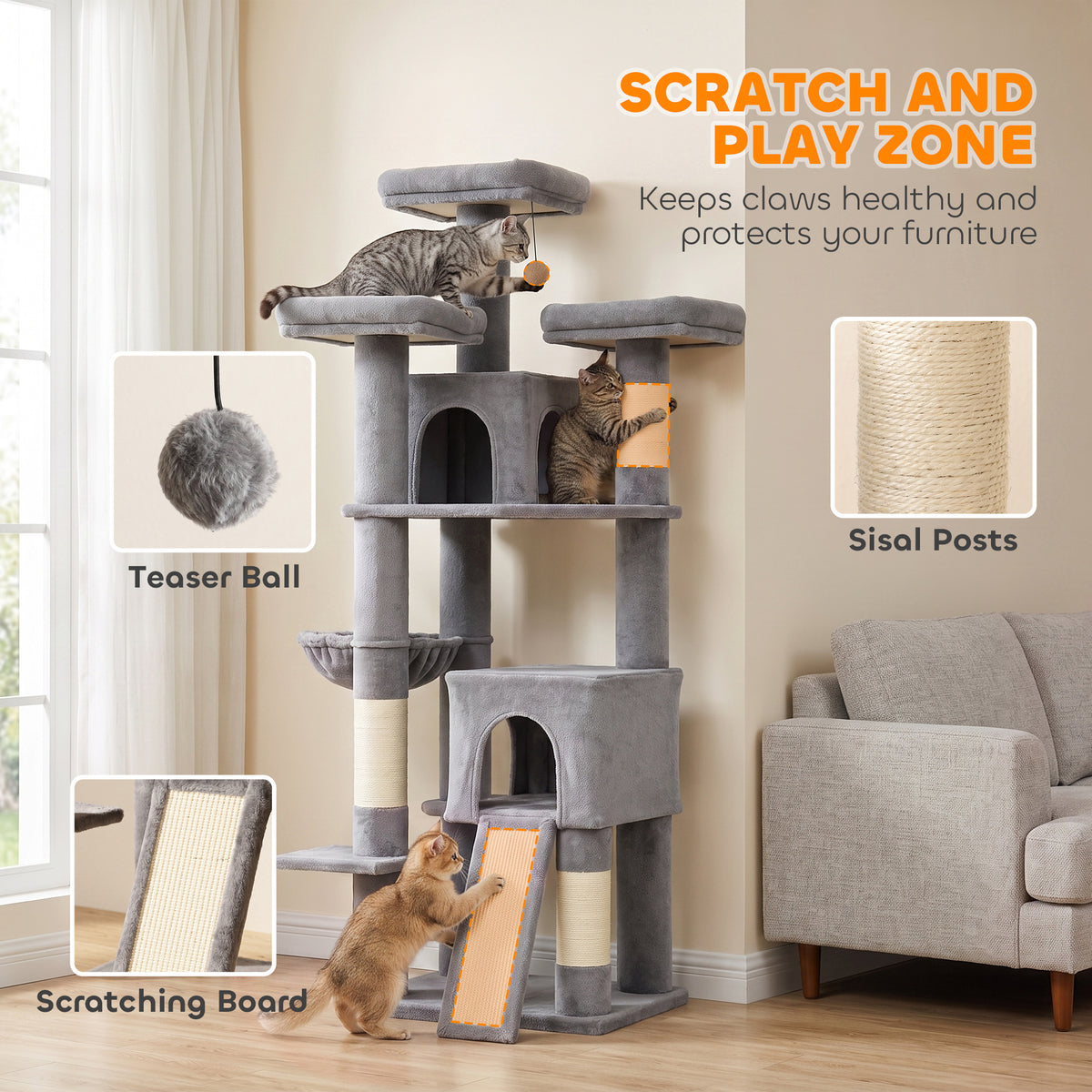 184cm Large Cat Tree for Indoor Cats, Multi-Level Tall Kitty Tower with 3 Scratching Posts, 2 Condos, 3 Padded Beds, Hammock, Ladder, for Small to Large Kittens, Dark Grey