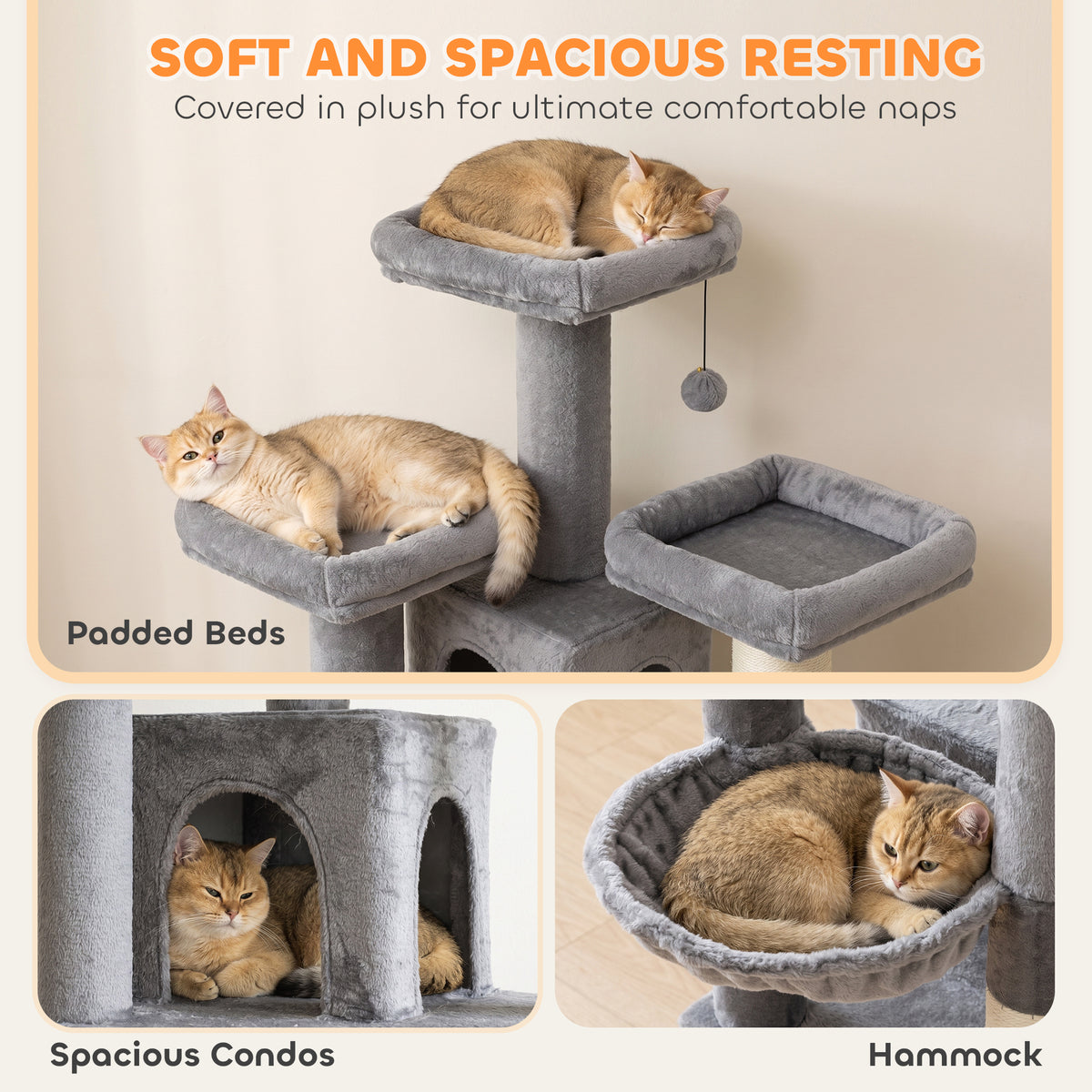 72" Cat Tree, Large Cat Tower with 2 Condos, 3 Padded Beds, Hammock, 3 Scratching Posts and Ladder, Multi-Level Tall Kitty Condo for Indoor Kittens, Dark Gray
