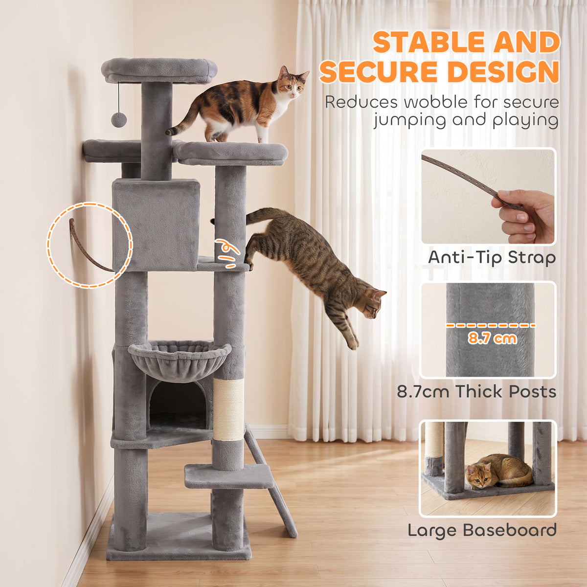 184cm Large Cat Tree for Indoor Cats, Multi-Level Tall Kitty Tower with 3 Scratching Posts, 2 Condos, 3 Padded Beds, Hammock, Ladder, for Small to Large Kittens, Dark Grey