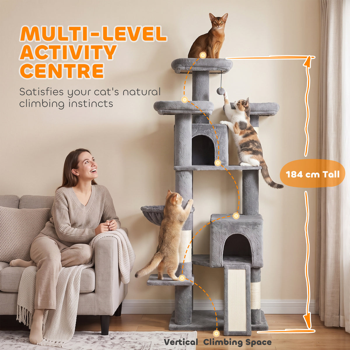 184cm Large Cat Tree for Indoor Cats, Multi-Level Tall Kitty Tower with 3 Scratching Posts, 2 Condos, 3 Padded Beds, Hammock, Ladder, for Small to Large Kittens, Dark Grey
