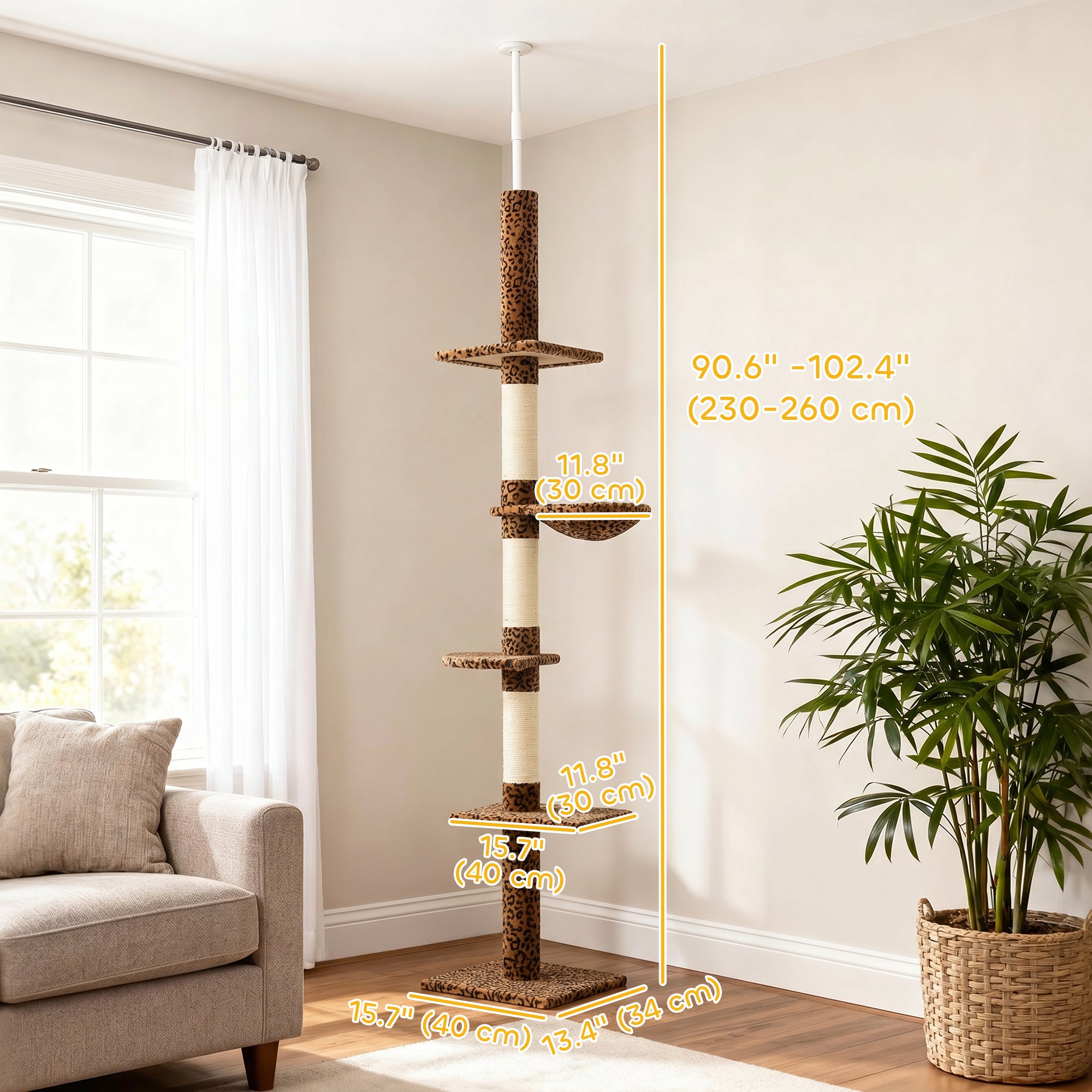 91"-102" Cat Tree, 5-Tier Floor-to-Ceiling Cat Tower Kitty Activity Center w/ Scratching Post, Cozy Hammock Play Rest Post Pet Furniture for Jumping Climbing, Leopard Print