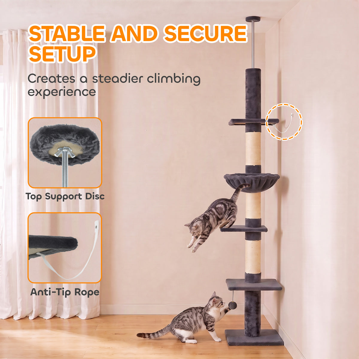 Floor-to-Ceiling Cat Tree, 88.6"-100.4" Adjustable 5-Level Cat Tower with Hammock, 3 Sisal Scratching Posts, Toy Ball, Anti-Tip Rope, Dark Grey