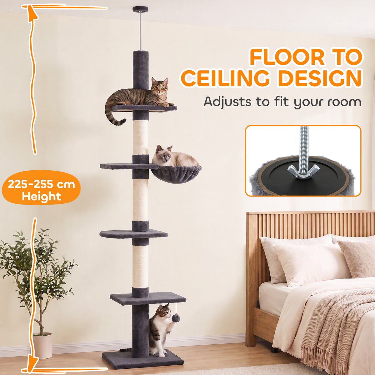 Floor-to-Ceiling Cat Tree, 88.6"-100.4" Adjustable 5-Level Cat Tower with Hammock, 3 Sisal Scratching Posts, Toy Ball, Anti-Tip Rope, Dark Grey
