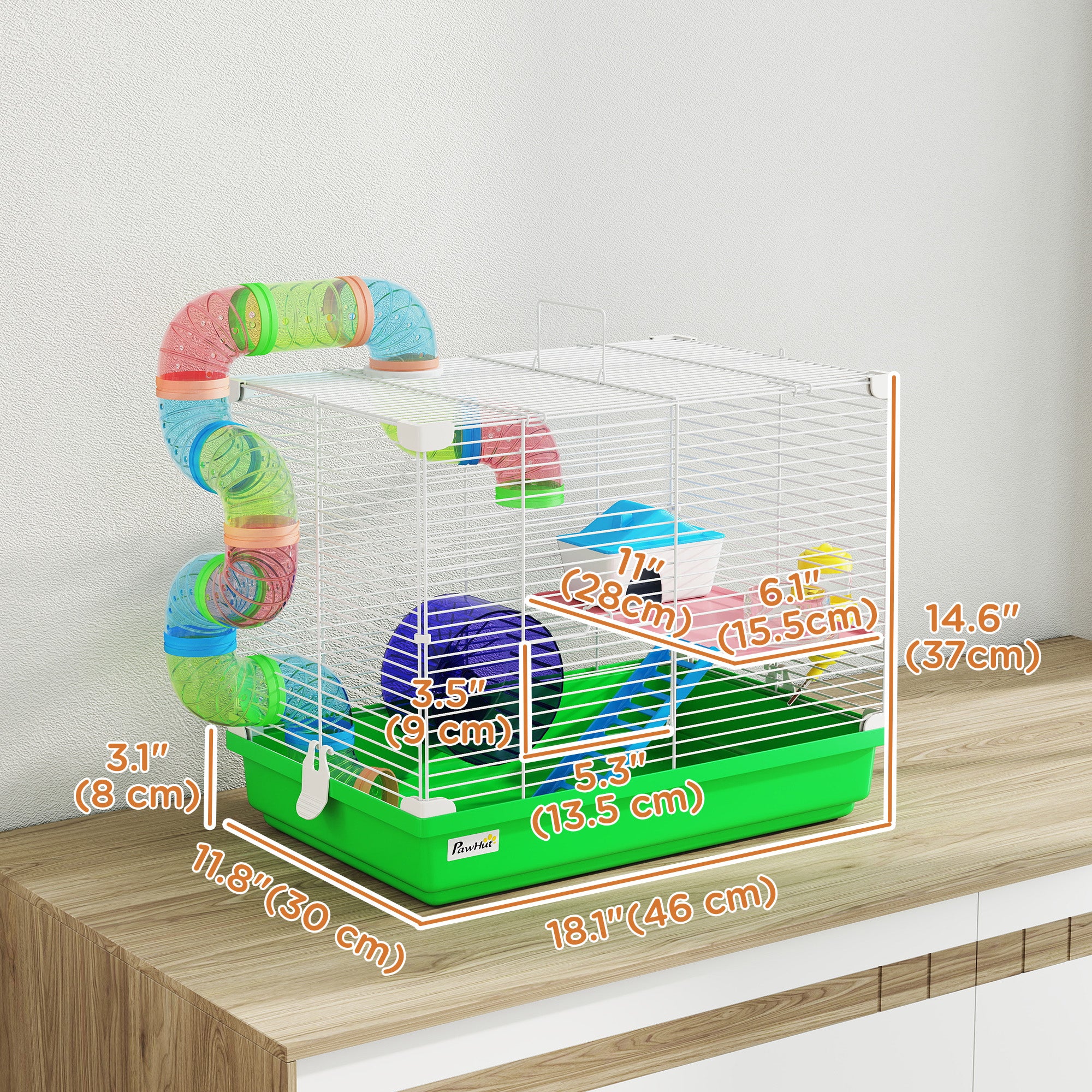 18"L Hamster Cage, Small Animal House, 2-Level Rat Gerbil Haven with Tunnel Tube System, Exercise Wheel, Water Bottle, Food Dish, Ramp, Green