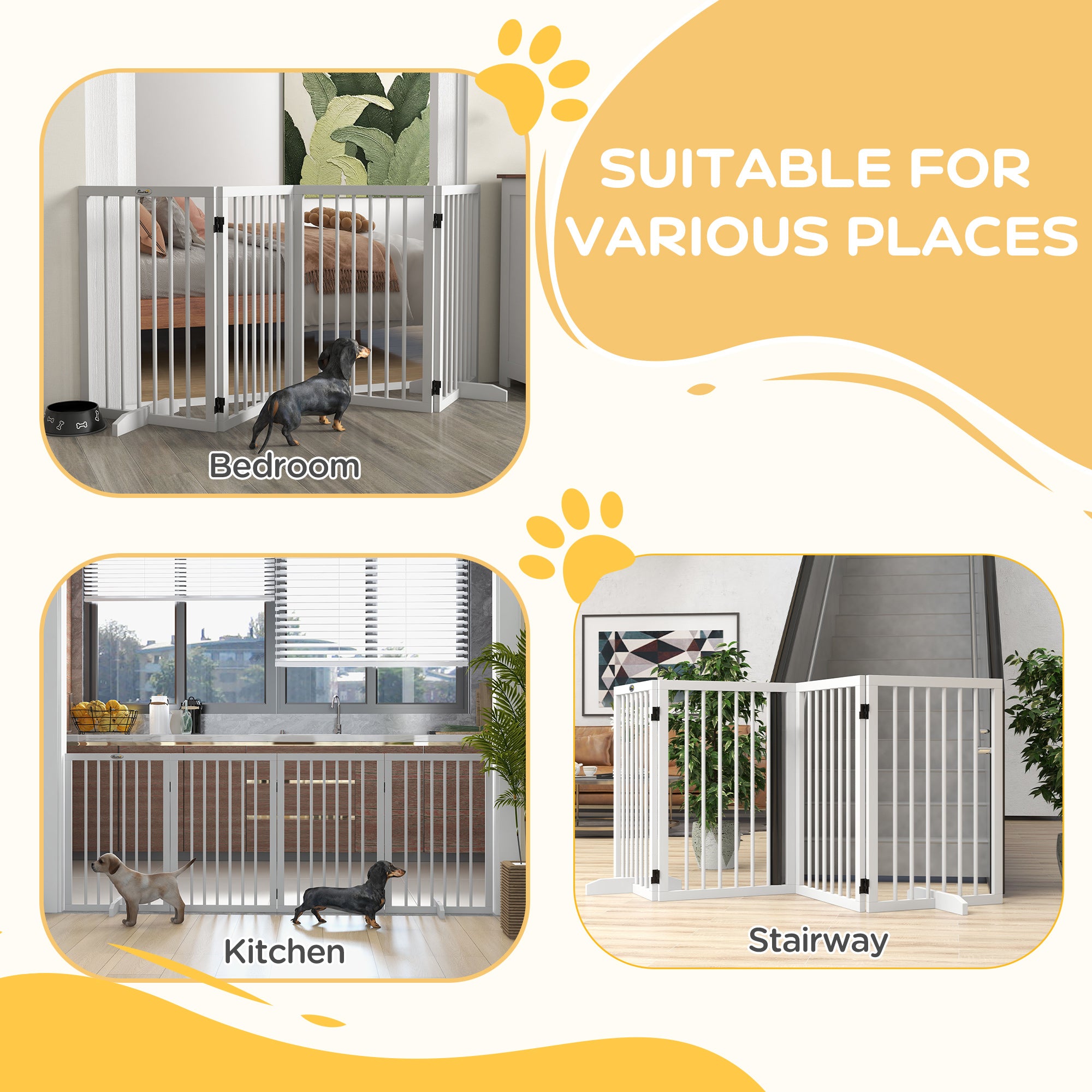 Free Standing Pet Gate, Foldable Dog Gates with 2 Support Feet, 4 Panels for Doorway Stairs, 30" High Wooden Pet Fence for Small Medium Dogs, Indoor Use, White